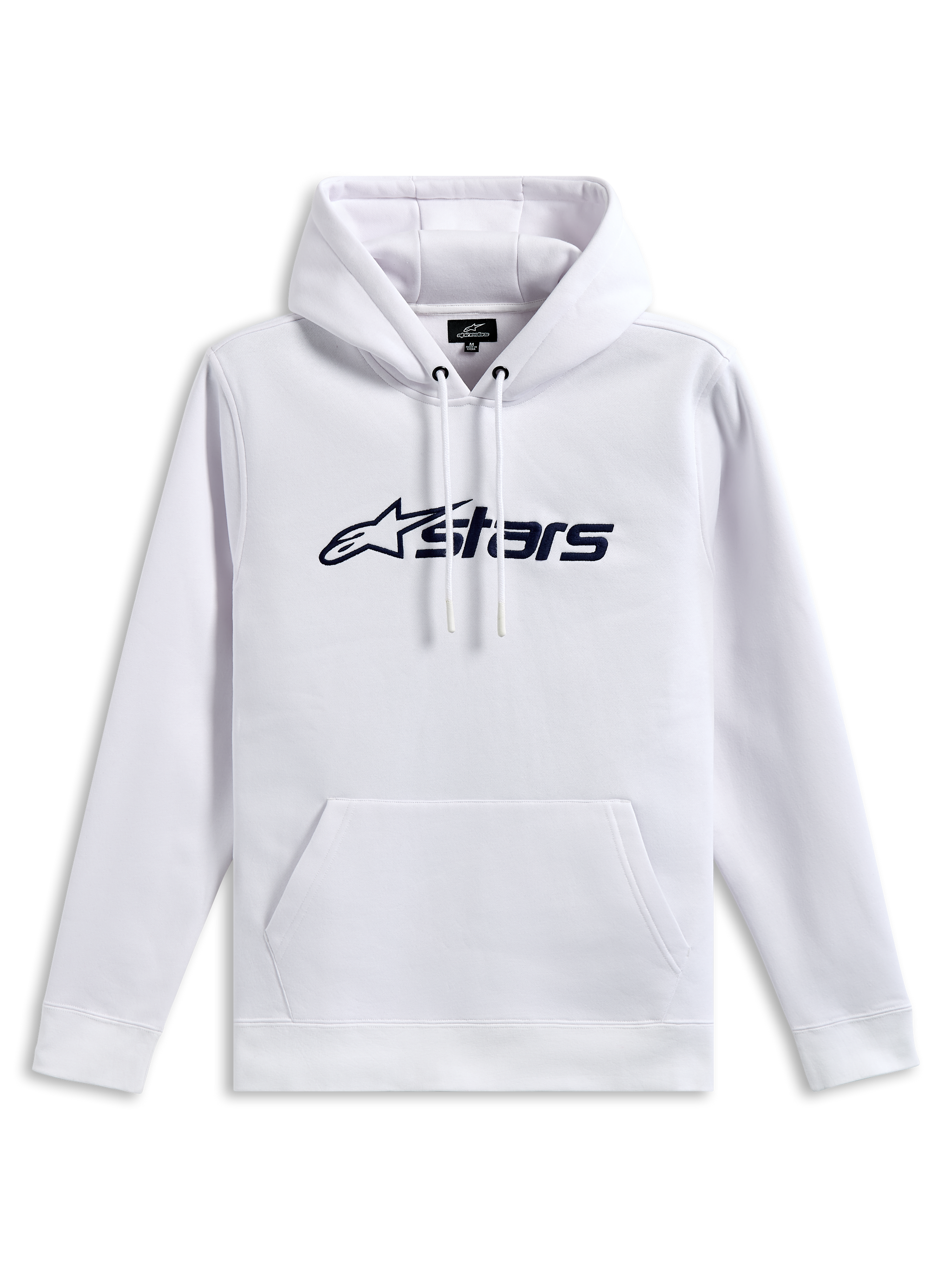 Alpinestars Blaze V3 Hoodie, camisola com capuz em fleece, branca com impressão frontal do logótipo em azul-marinho, capuz com forro em jersey e cordões, bolso canguru, streetwear casual inspirado no desporto motorizado