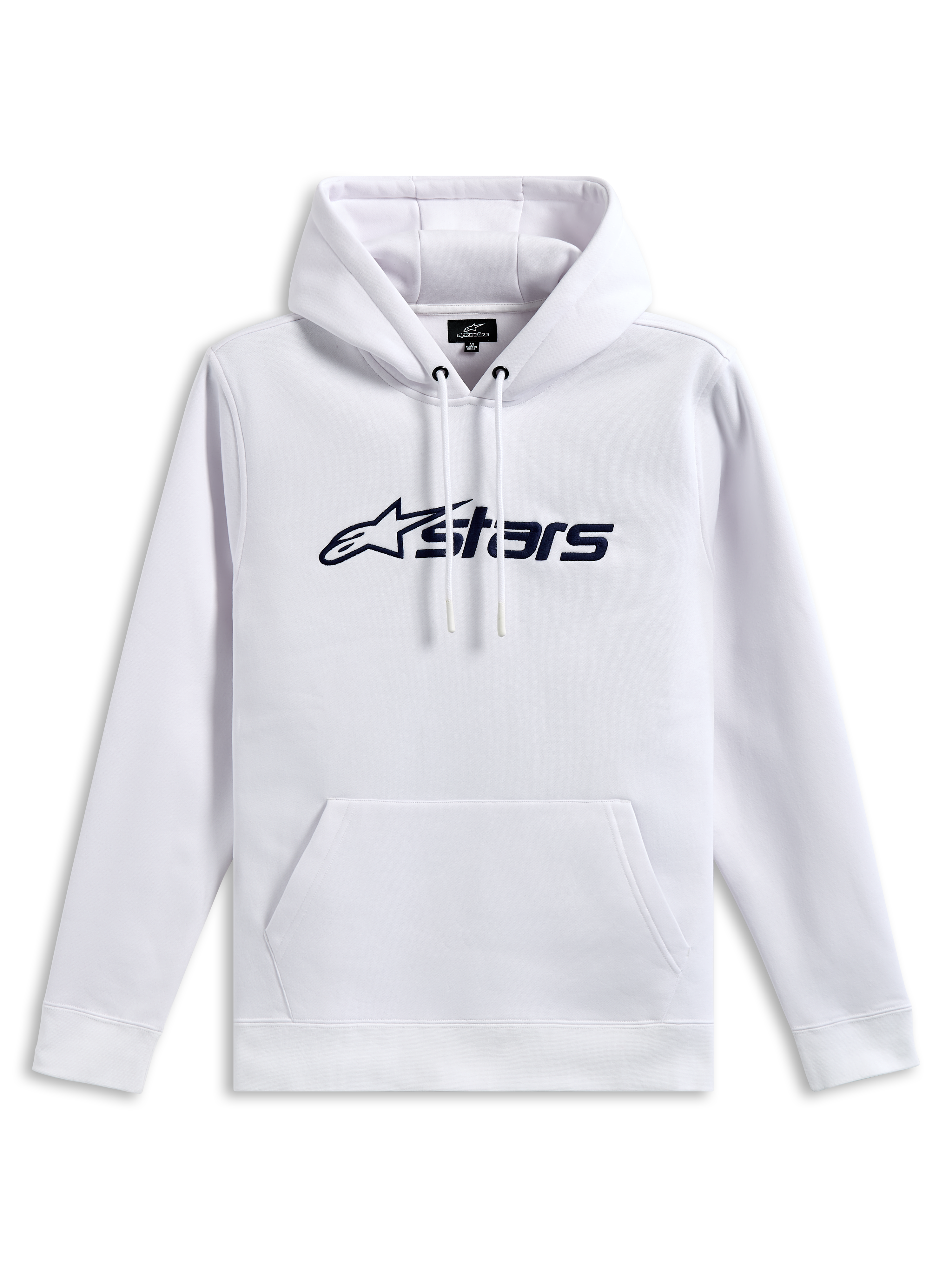 Alpinestars Blaze V3 Hoodie, camisola com capuz em fleece, branca com impressão frontal do logótipo em azul-marinho, capuz com forro em jersey e cordões, bolso canguru, streetwear casual inspirado no desporto motorizado