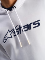Alpinestars Blaze V3 Hoodie, Branco e Azul Marinho, pormenor do peito com logótipo impresso em azul marinho e cordões brancos com pontas revestidas, streetwear casual de inspiração motorsport