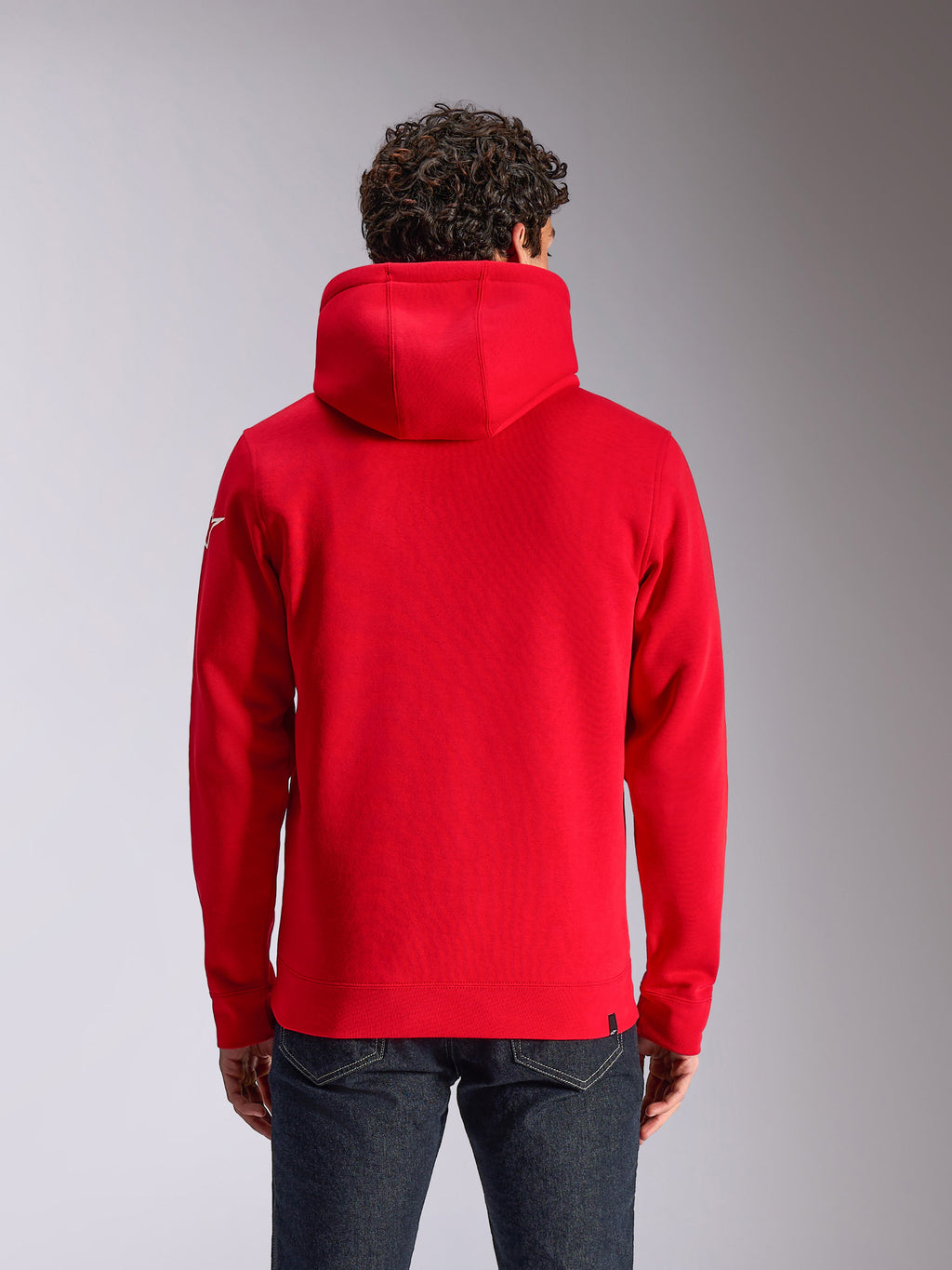 Alpinestars Linear Wordmark V3 Hoodie, rear view of a red hooded pullover fleece, featuring a white Ageless logo on the sleeve, ribbed cuffs and hem, casual motorsport-inspired streetwear