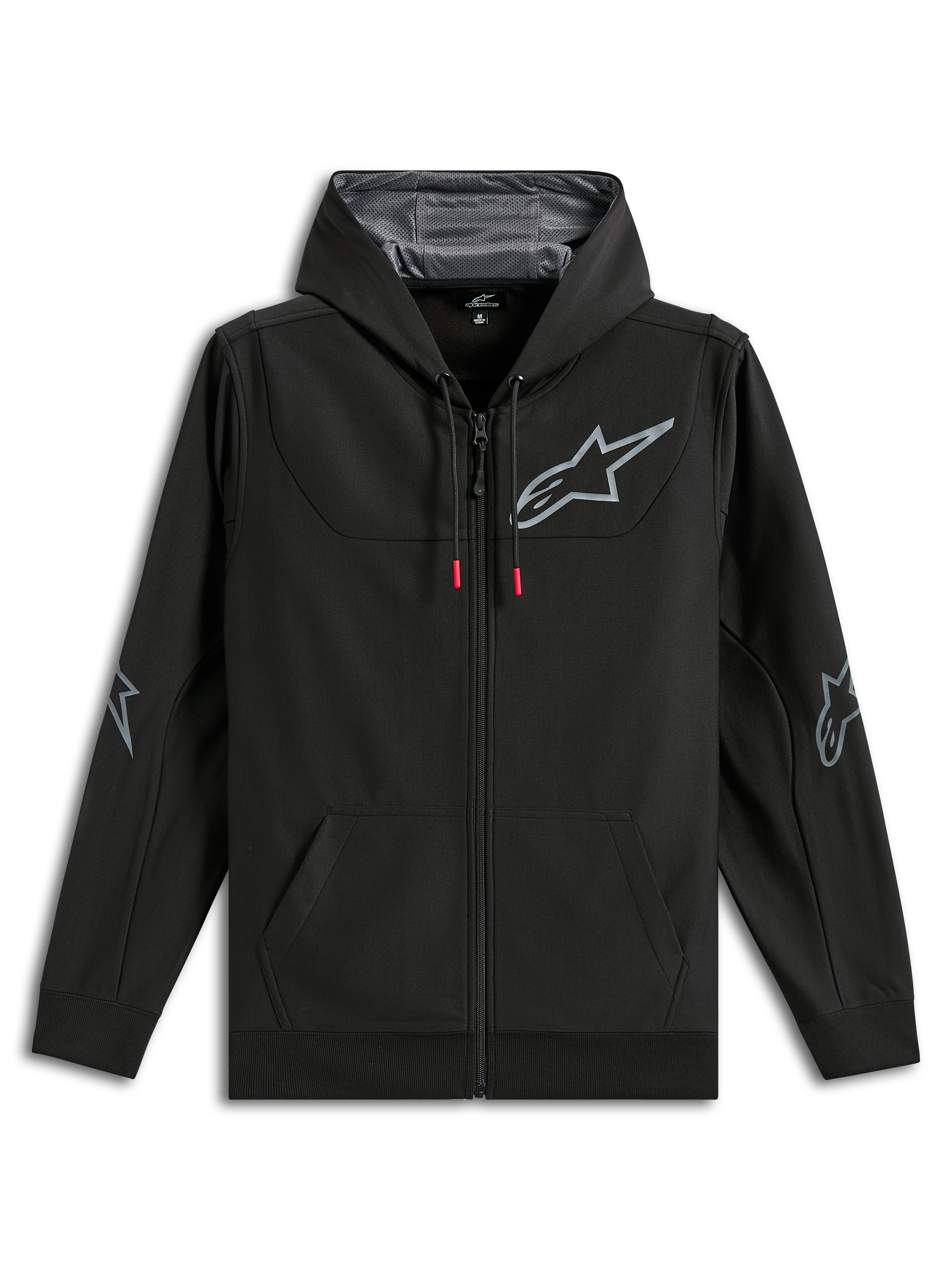 Alpinestars Sessions V3 Hoodie, full-zip black poly fleece hoodie, grey Alpinestars star logo on chest and elbows, red-tipped drawcords, mesh-lined hood, casual motorsport streetwear