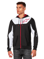 Alpinestars Sessions V3 Hoodie, Zip-Front Hoodie, Black with White panels and Red accents, featuring a red zipper, mesh-lined hood, and Alpinestars star logo on the chest, casual motorsport-inspired streetwear