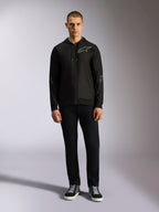 Alpinestars Sessions V3 Hoodie, zip-front fleece hoodie, Black with grey Astars logo on the chest and sleeves, red-tipped drawcords, casual motorsport-inspired streetwear.