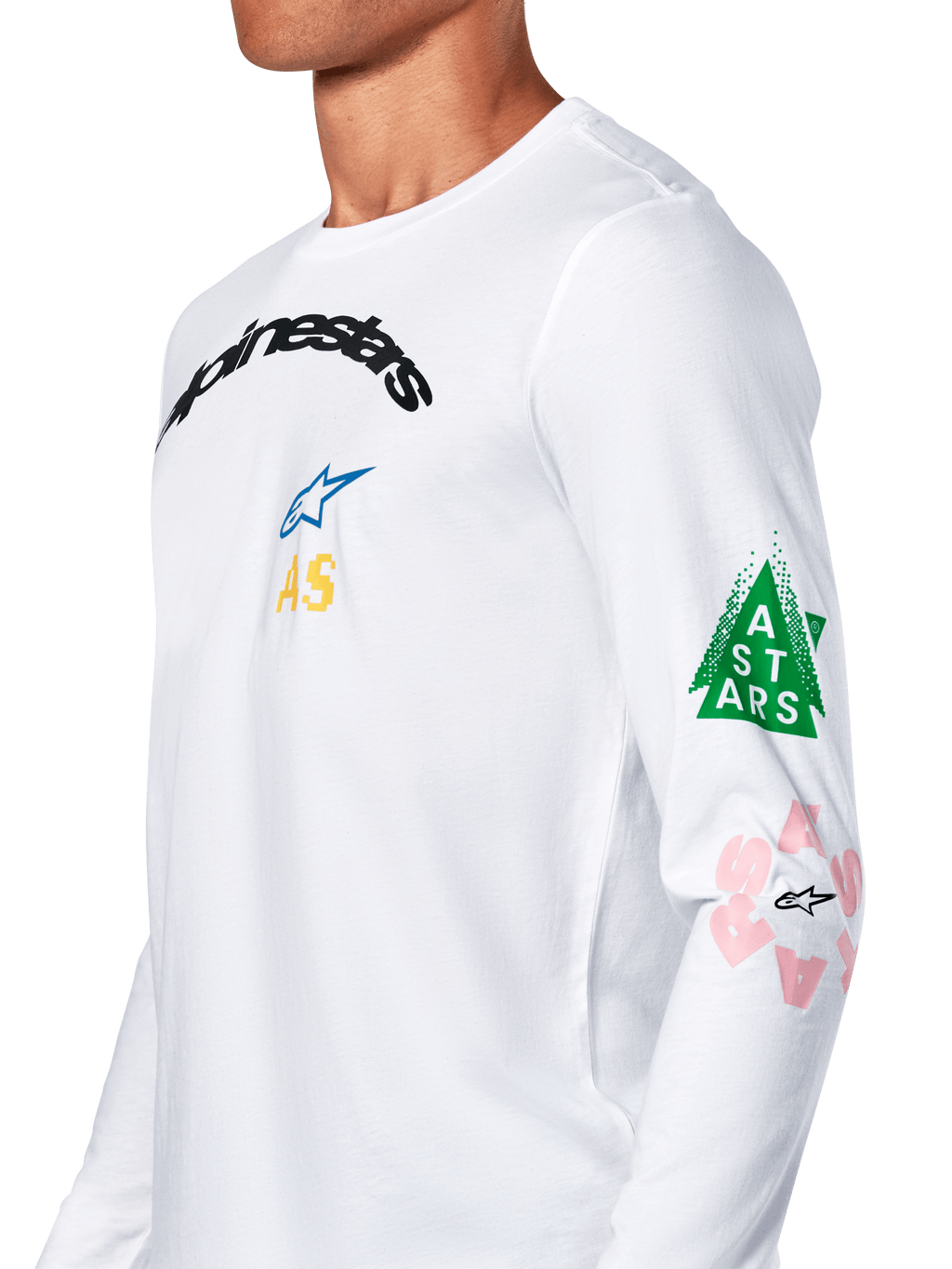 Alpinestars Brundo CSF Tee, Long Sleeve T-Shirt, White, featuring multi-colored chest and sleeve graphics with green triangle and pink logo details, casual motorsport sportswear