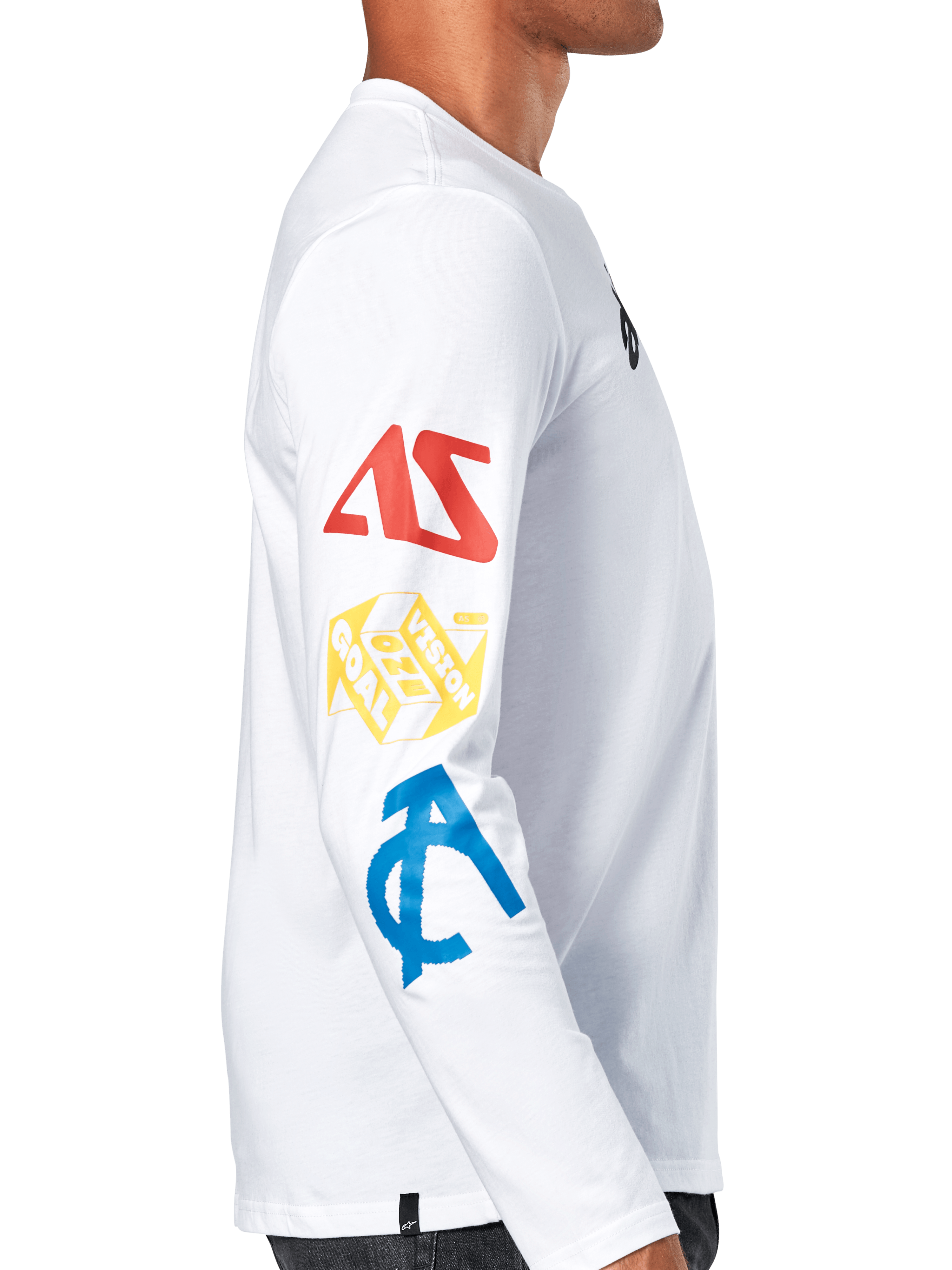 Alpinestars Brundo CSF Tee, Long Sleeve T-Shirt, White, side profile view showing multi-colored graphics on the sleeve in red, yellow, and blue, casual motorsport streetwear