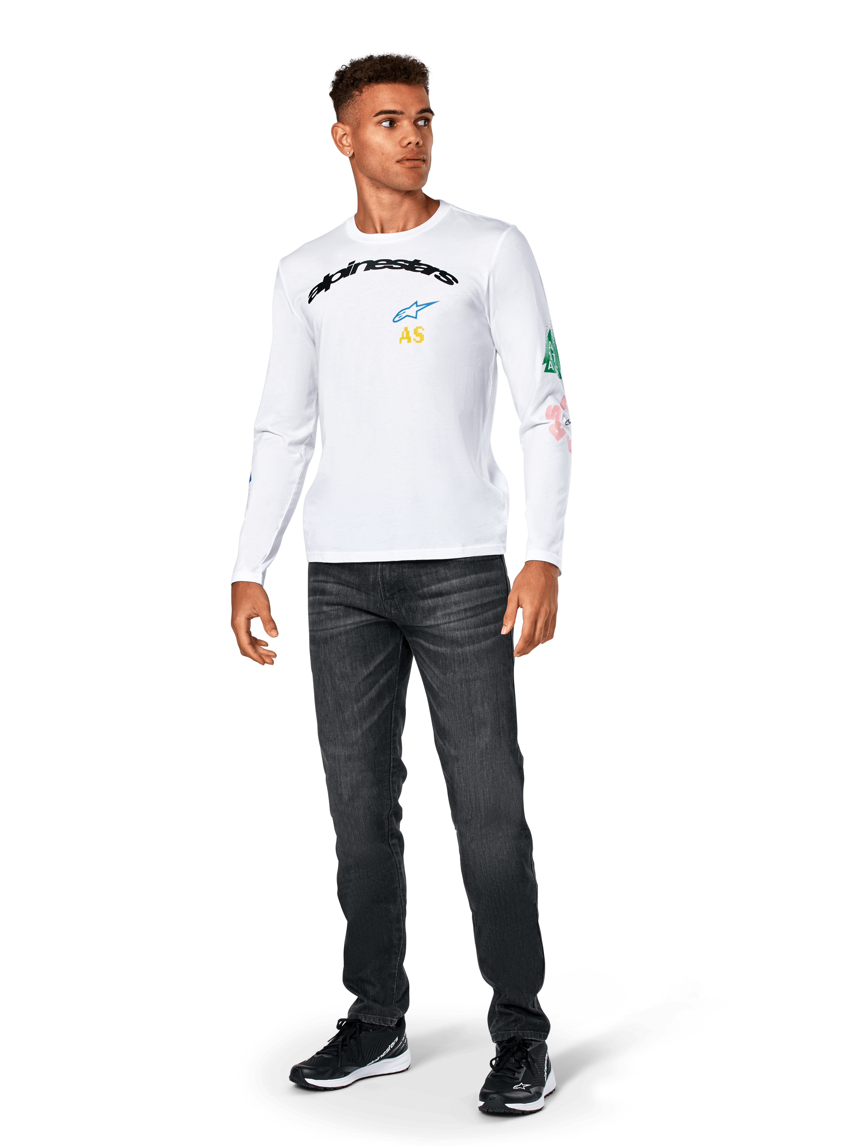 Alpinestars Brundo CSF Tee - Long Sleeve, White, casual sportswear, featuring black 'alpinestars' chest text, a blue star logo, and yellow 'AS' initials, colorful graphics on the sleeve, worn with dark jeans and black sneakers