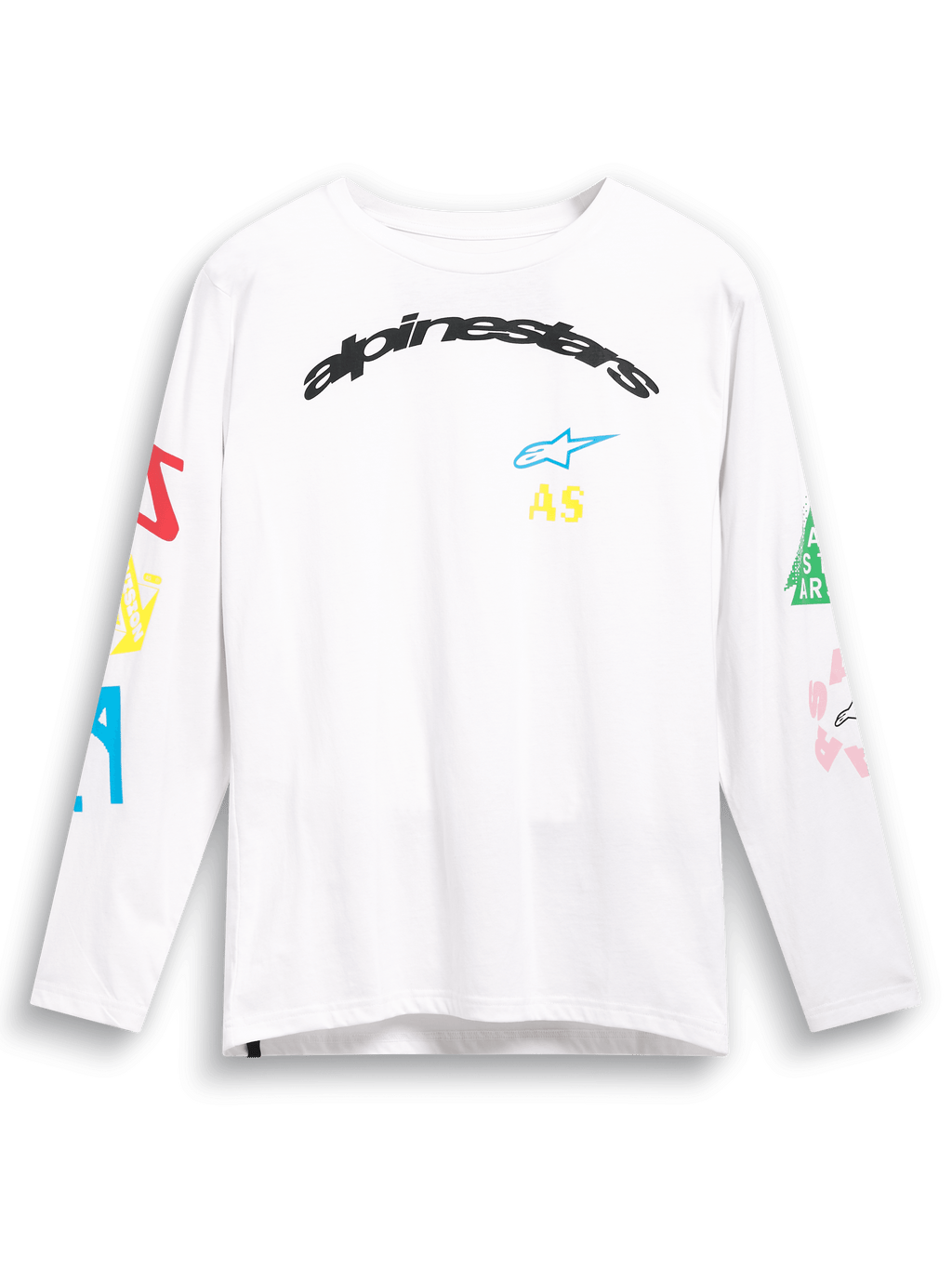 Alpinestars Brundo CSF Tee, Long Sleeve T-Shirt, White, featuring colorful multi-mix logo graphics on chest and sleeves, arched black Alpinestars branding, casual motorsport streetwear