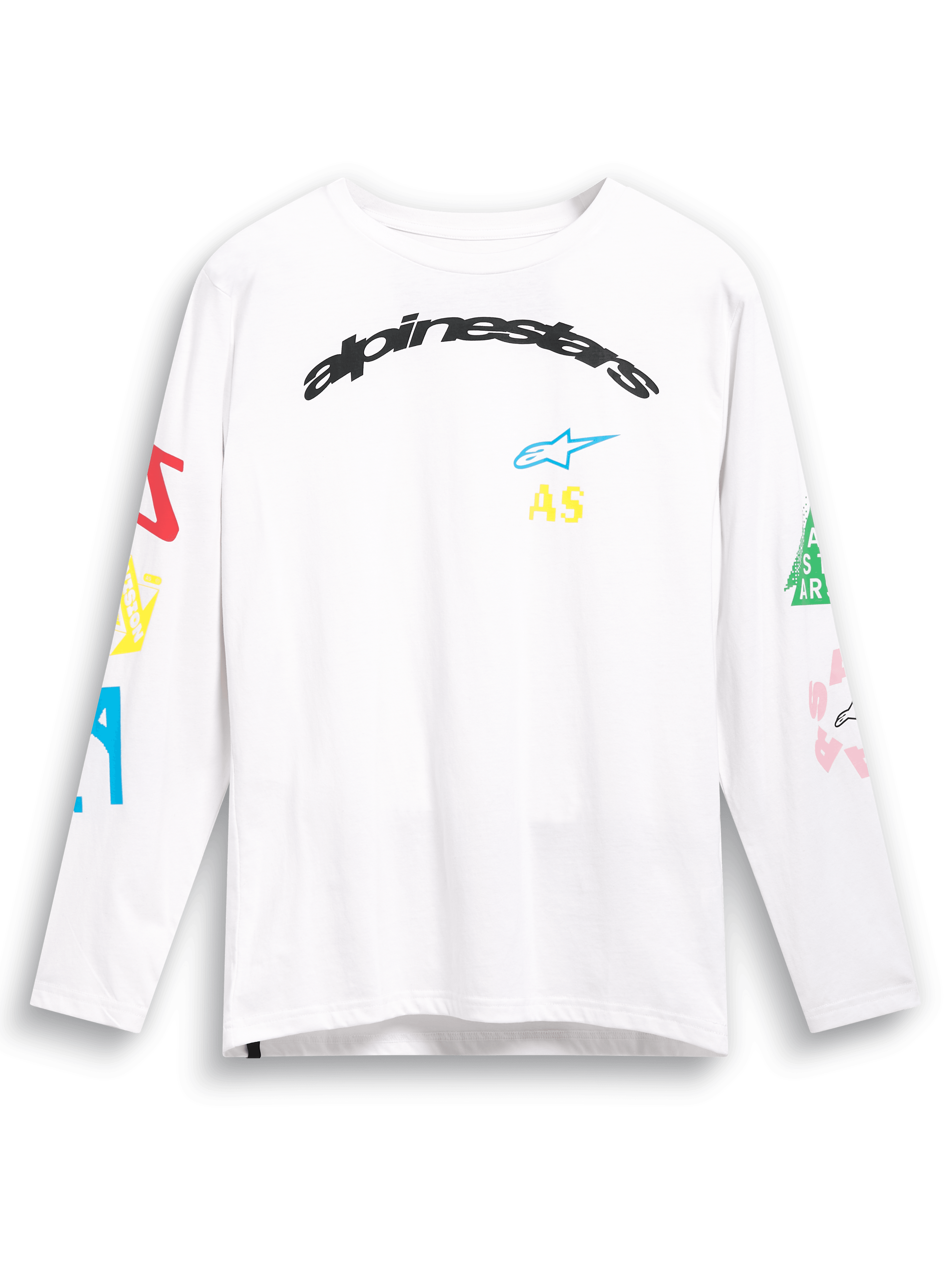 Alpinestars Brundo CSF Tee, Long Sleeve T-Shirt, White, featuring colorful multi-mix logo graphics on chest and sleeves, arched black Alpinestars branding, casual motorsport streetwear