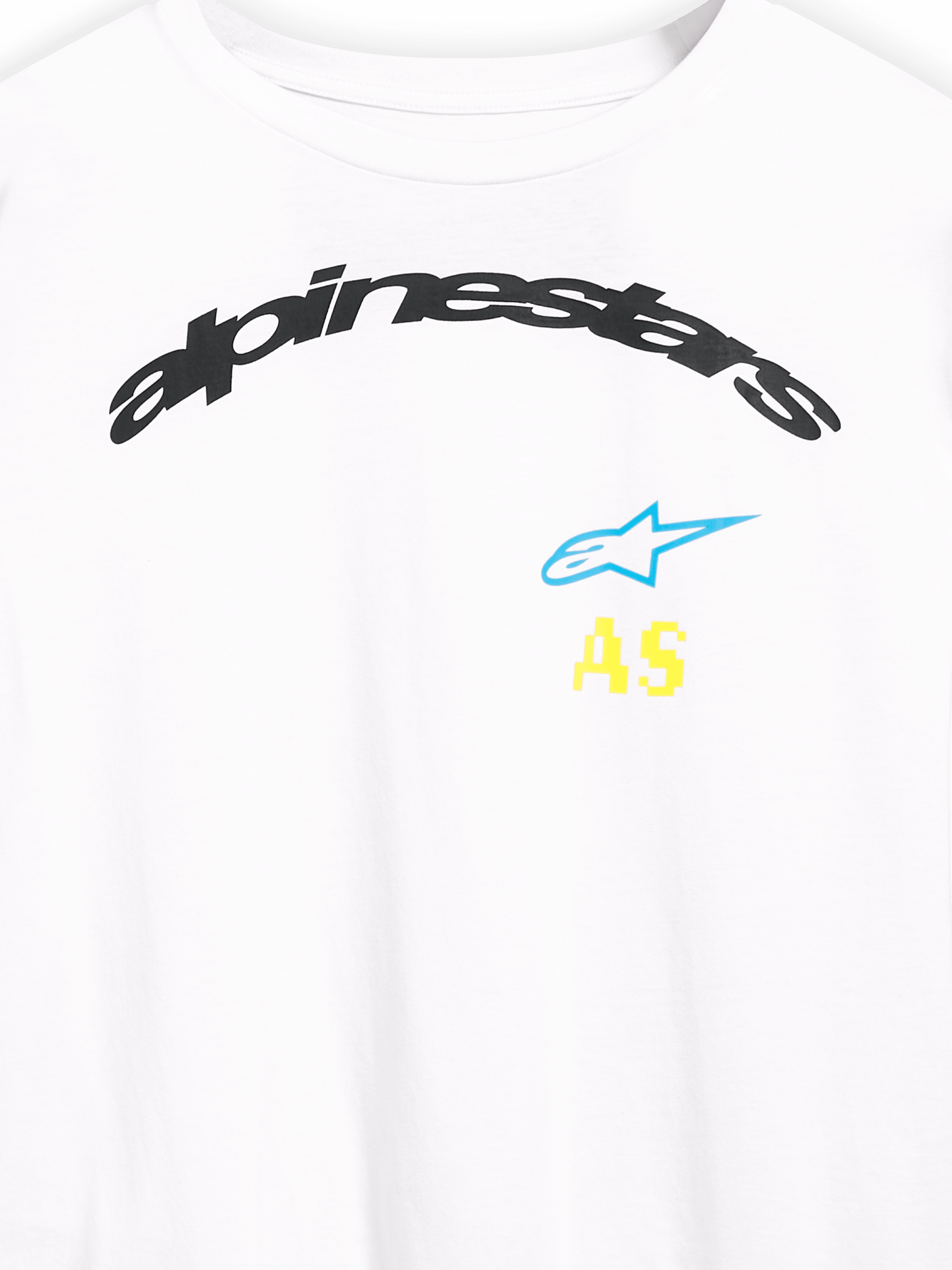 Alpinestars Brundo CSF Long Sleeve Tee, Close-up of chest graphics, White, Arched black Alpinestars logo with blue star and yellow AS initials, Casual Sportswear