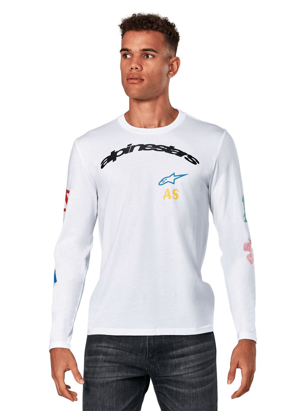 Alpinestars Brundo CSF Long Sleeve Tee, White, arched black Alpinestars logo with blue star and yellow AS initials, colorful graphic prints on sleeves, Men's casual motorsport streetwear