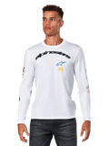 Alpinestars Brundo CSF Long Sleeve Tee, White, arched black Alpinestars logo with blue star and yellow AS initials, colorful graphic prints on sleeves, Men's casual motorsport streetwear