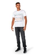 Alpinestars Glyfs CSF Tee, Short Sleeve T-Shirt, White, featuring multi-logo striped graphic on the front, worn with dark grey jeans and black sneakers, casual motorsport-inspired sportswear