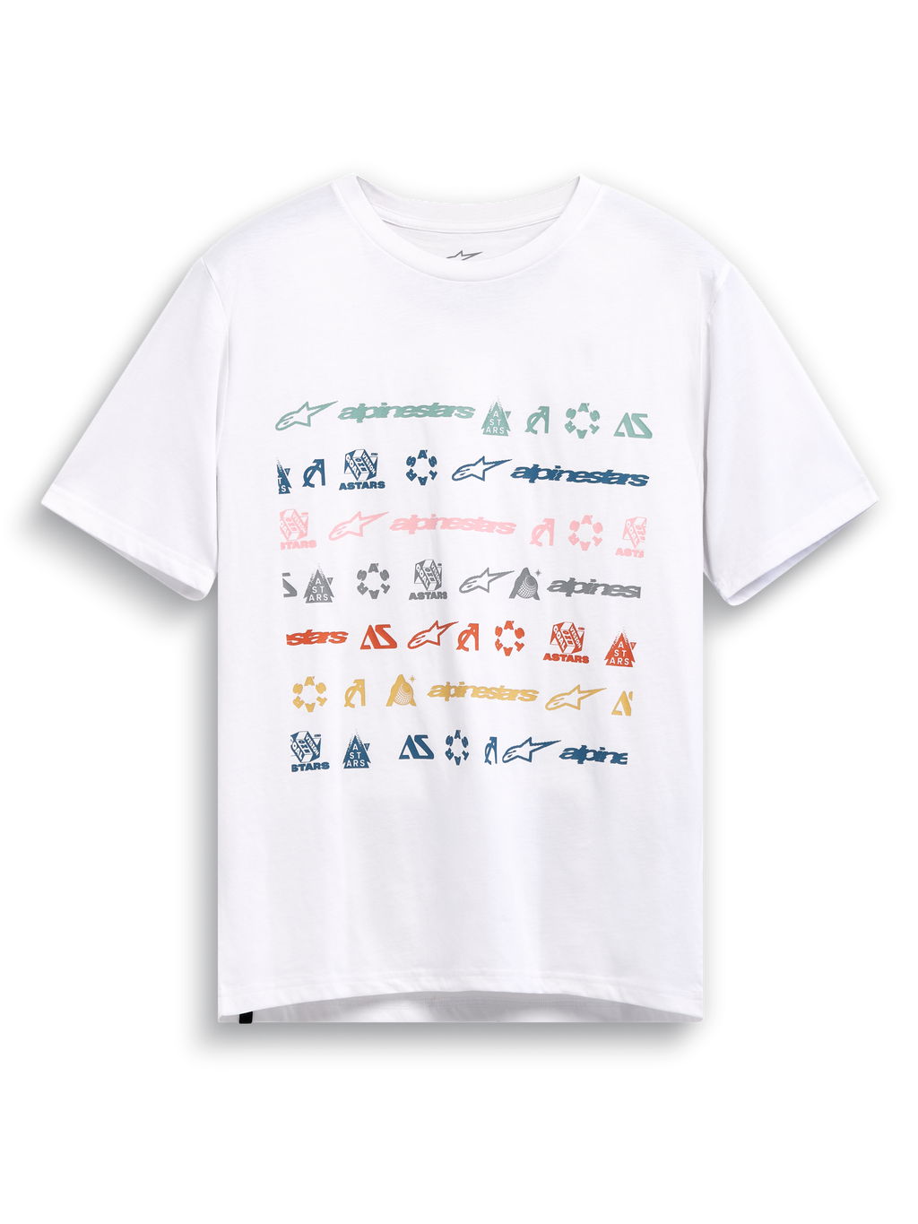 Alpinestars T-Shirt Glyfs CSF, t-shirt de manga curta branca, com impressão gráfica listrada com vários logótipos coloridos na frente, casual sportswear
