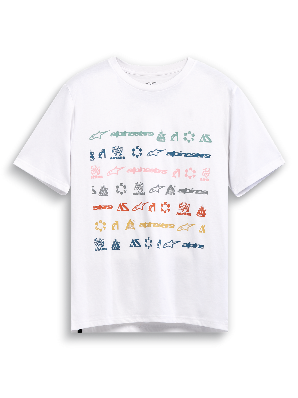Alpinestars T-Shirt Glyfs CSF, t-shirt de manga curta branca, com impressão gráfica listrada com vários logótipos coloridos na frente, casual sportswear