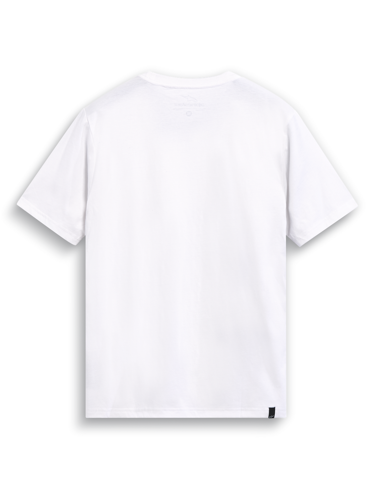 Alpinestars T-Shirt Glyfs CSF, t-shirt de manga curta branca, vista traseira mostrando a impressão interna no pescoço e a rotulagem externa, casual sportswear