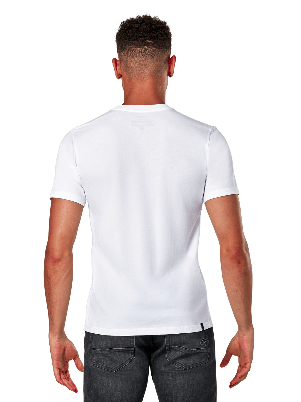 Alpinestars Elliptic CSF Tee, t-shirt de manga curta, branca, vista de costas no modelo a usar calças de ganga cinzento escuro, casual motorsport streetwear