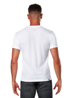 Alpinestars Elliptic CSF Tee, t-shirt de manga curta, branca, vista de costas no modelo a usar calças de ganga cinzento escuro, casual motorsport streetwear