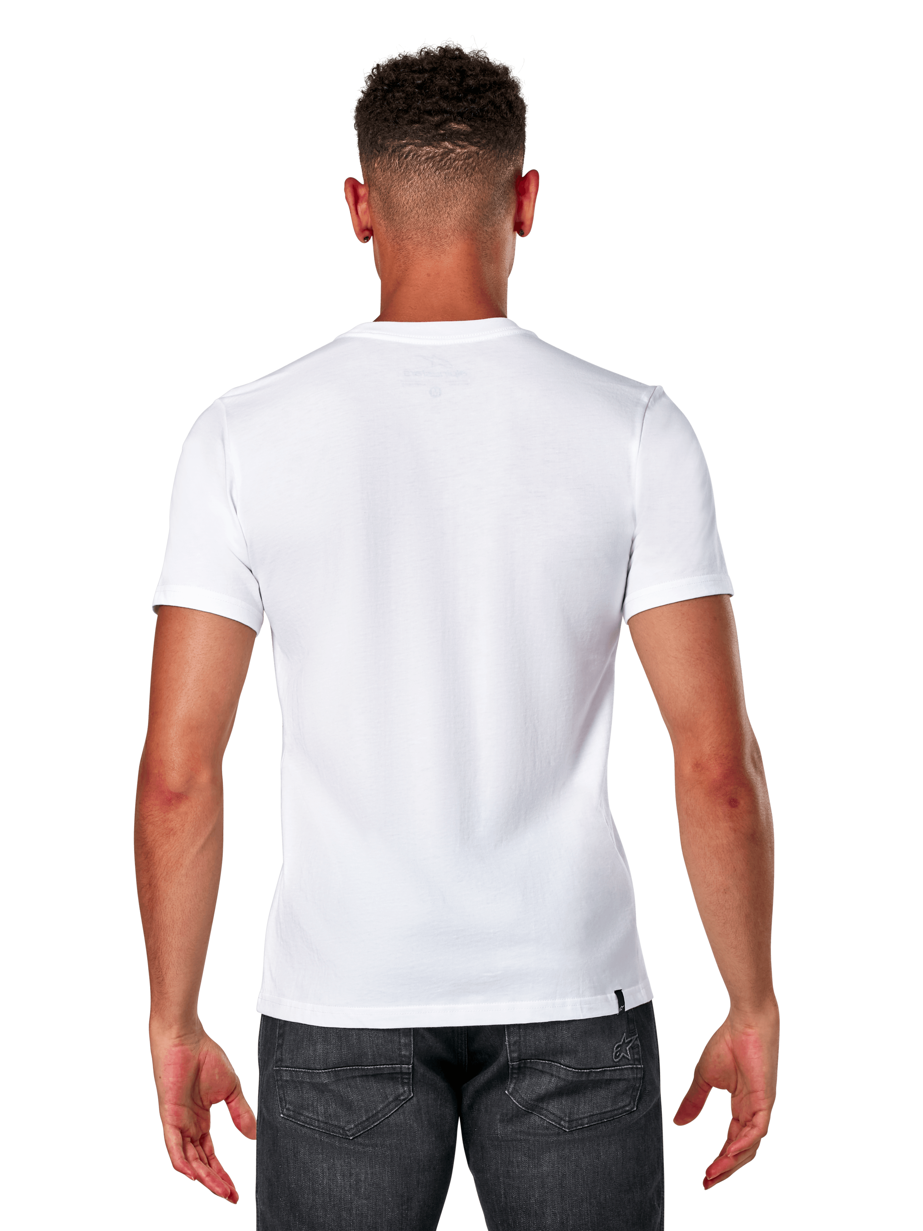 Alpinestars Elliptic CSF Tee, t-shirt de manga curta, branca, vista de costas no modelo a usar calças de ganga cinzento escuro, casual motorsport streetwear