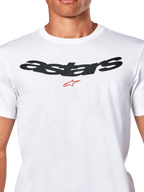 Alpinestars Elliptic CSF Tee, t-shirt de manga curta, branca, logótipo Arched Astars em preto com símbolo vermelho no peito, roupa desportiva casual de motorsport