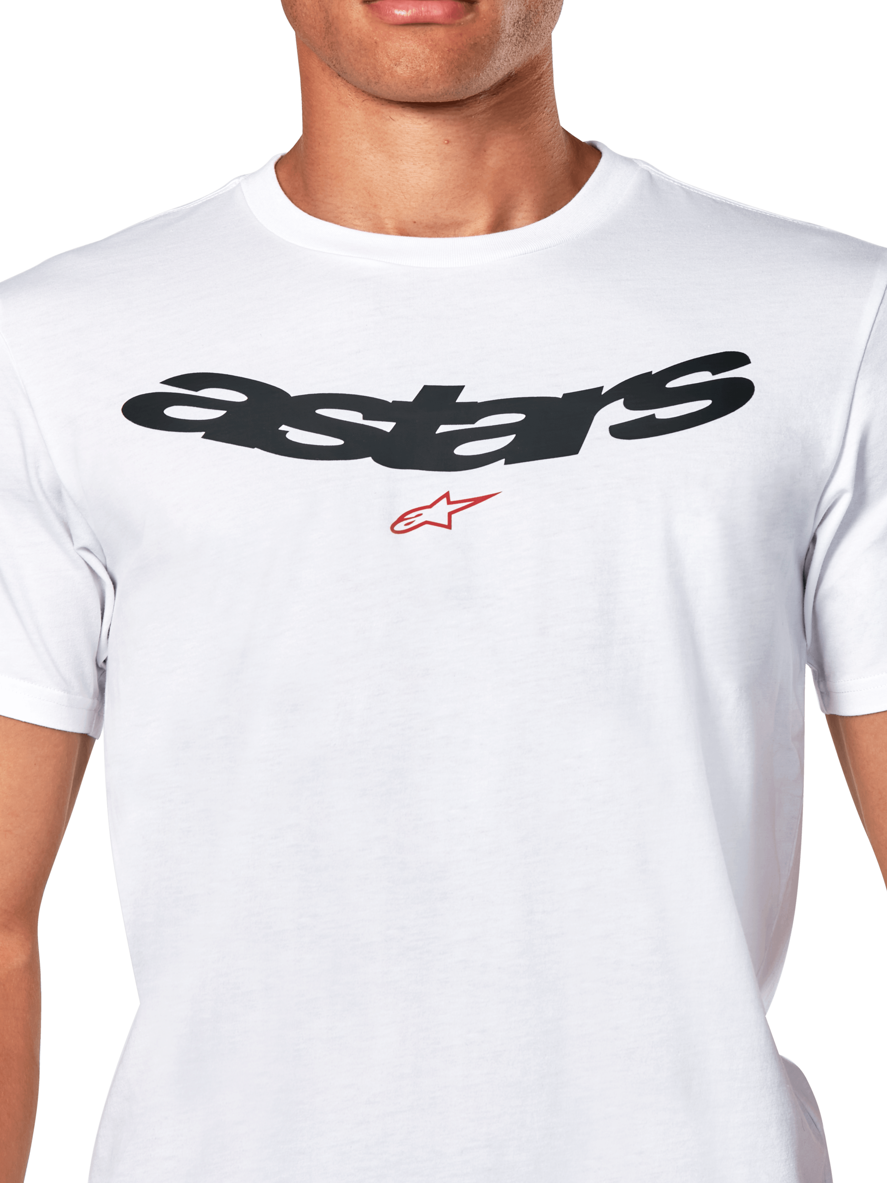 Alpinestars Elliptic CSF Tee, t-shirt de manga curta, branca, logótipo Arched Astars em preto com símbolo vermelho no peito, roupa desportiva casual de motorsport