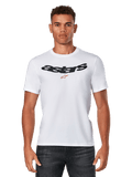 Alpinestars Elliptic CSF Tee, t-shirt branca de manga curta vestida por modelo, logótipo Astars preto em arco com gráfico de estrela vermelha no peito, vestuário casual de desportos motorizados