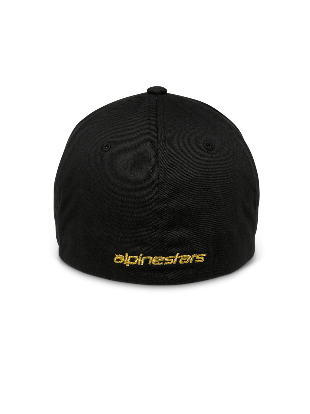 Alpinestars Gild Hat, boné desportivo preto, vista traseira com bordado plano metálico dourado Alpinestars, design flex back fechado, coroa estruturada, acessório de cabeça casual inspirado no desporto motorizado