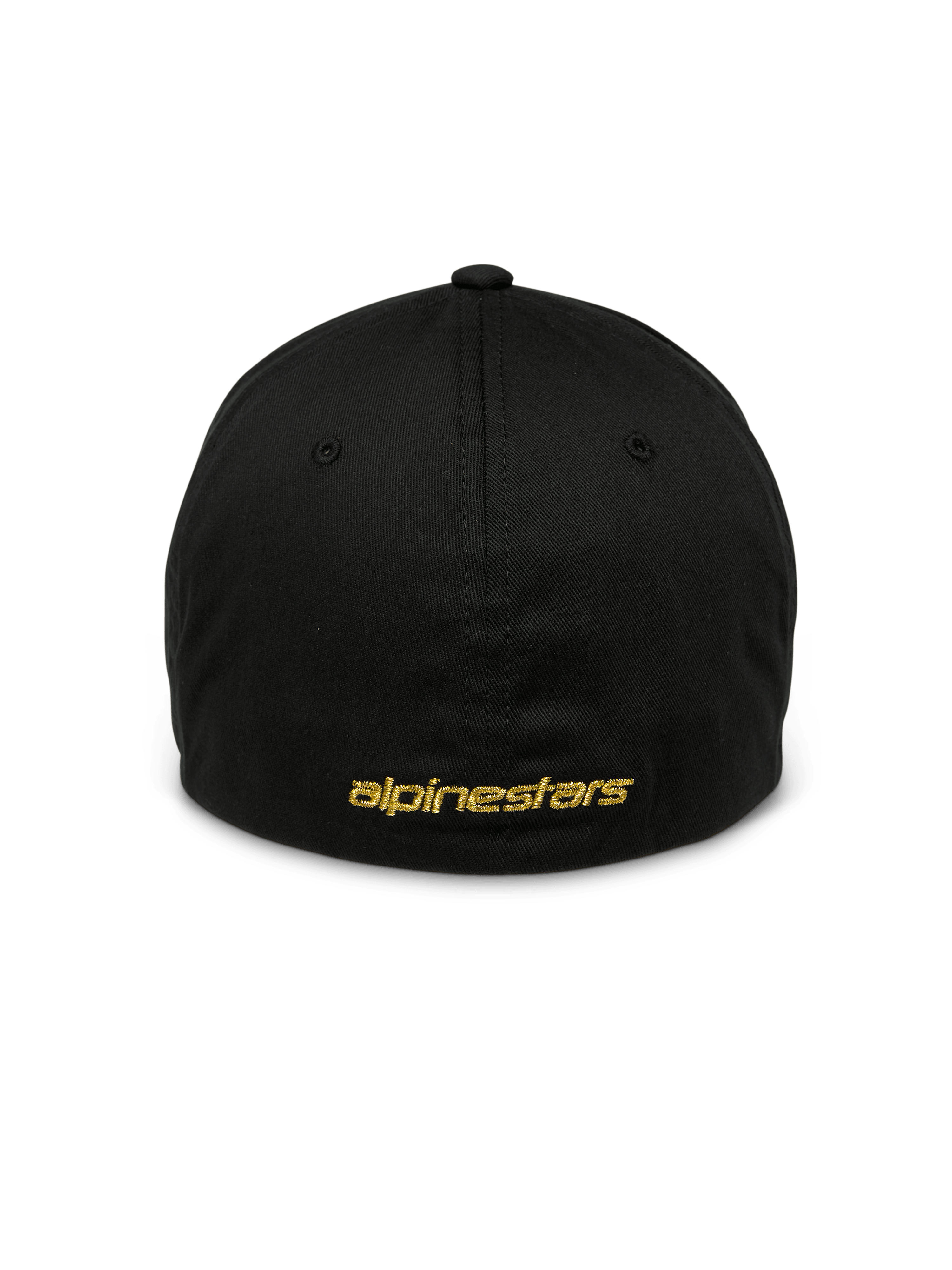 Alpinestars Gild Hat, boné desportivo preto, vista traseira com bordado plano metálico dourado Alpinestars, design flex back fechado, coroa estruturada, acessório de cabeça casual inspirado no desporto motorizado