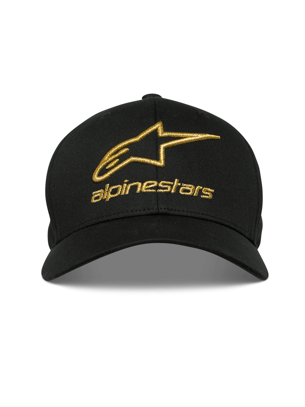 Alpinestars Gild Hat, preto, logótipo Alpinestars em bordado 3D dourado metálico, pala curva com coroa estruturada, vestuário desportivo casual de desportos motorizados