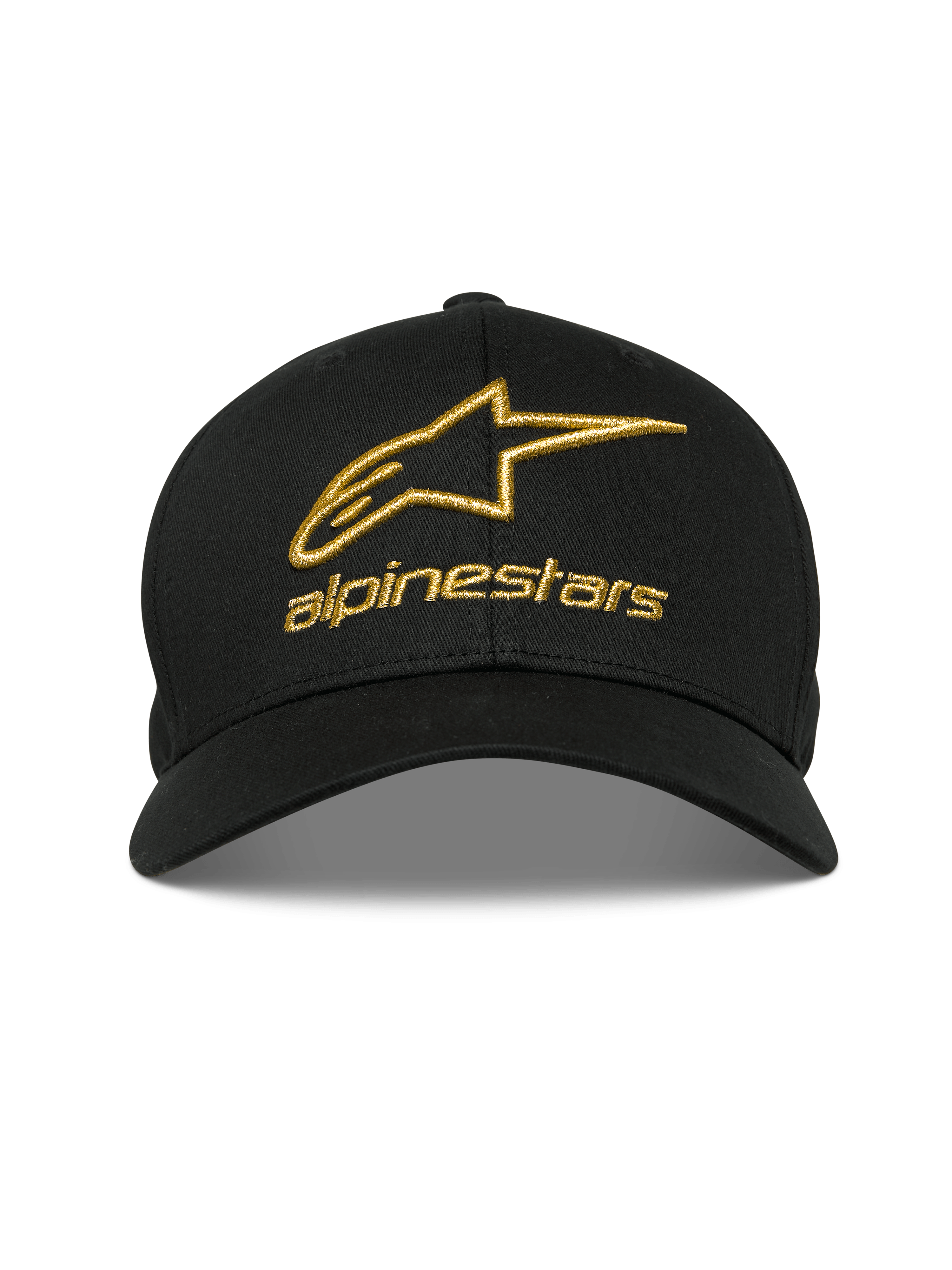 Alpinestars Gild Hat, preto, logótipo Alpinestars em bordado 3D dourado metálico, pala curva com coroa estruturada, vestuário desportivo casual de desportos motorizados