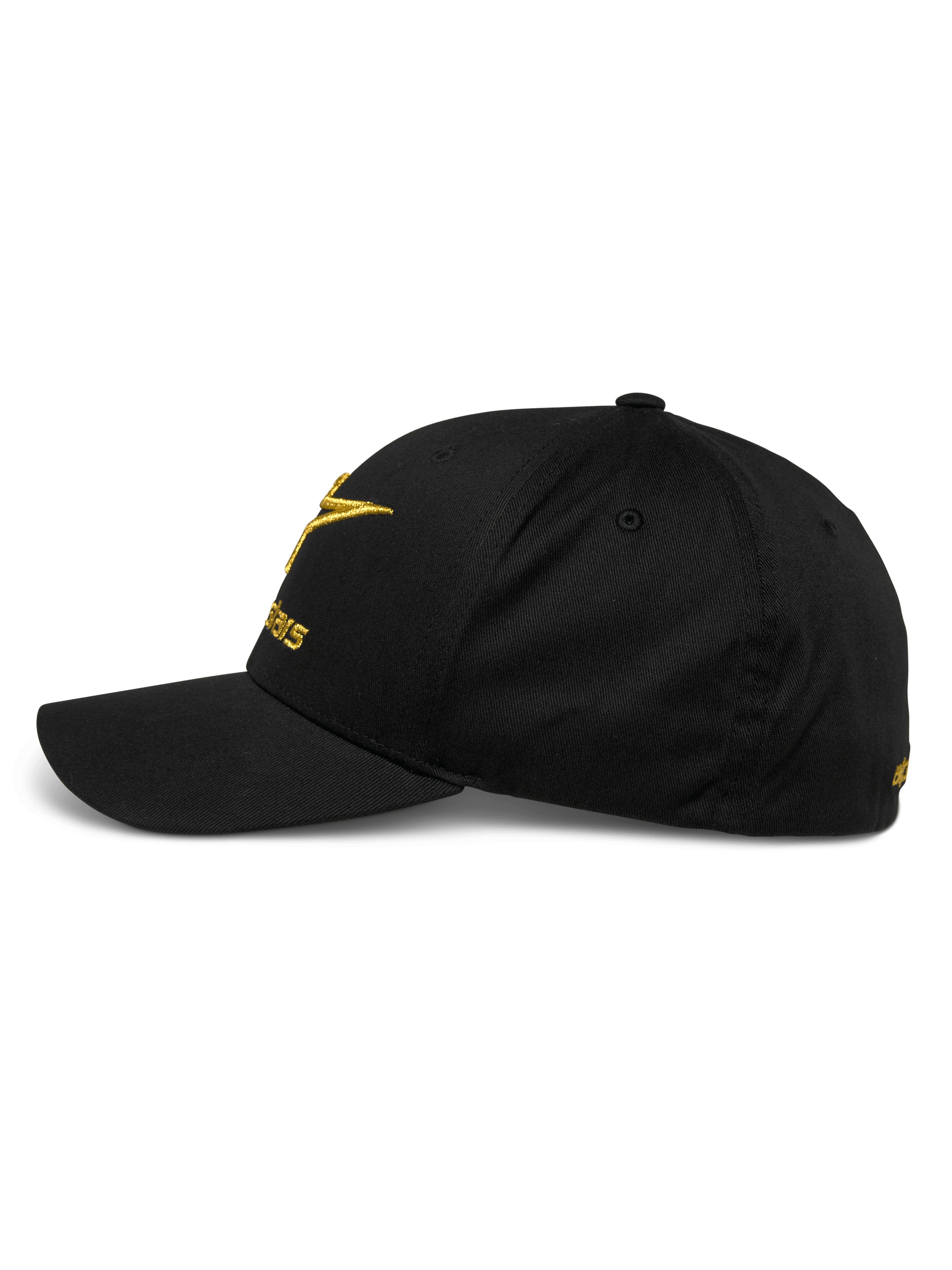Boné Alpinestars Gild, vista de perfil lateral de um boné de basebol preto com aba curva, logótipo com bordado metálico 3D dourado na frente e na lateral, coroa estruturada e tecido de sarja elástica, vestuário desportivo casual de desportos motorizados.