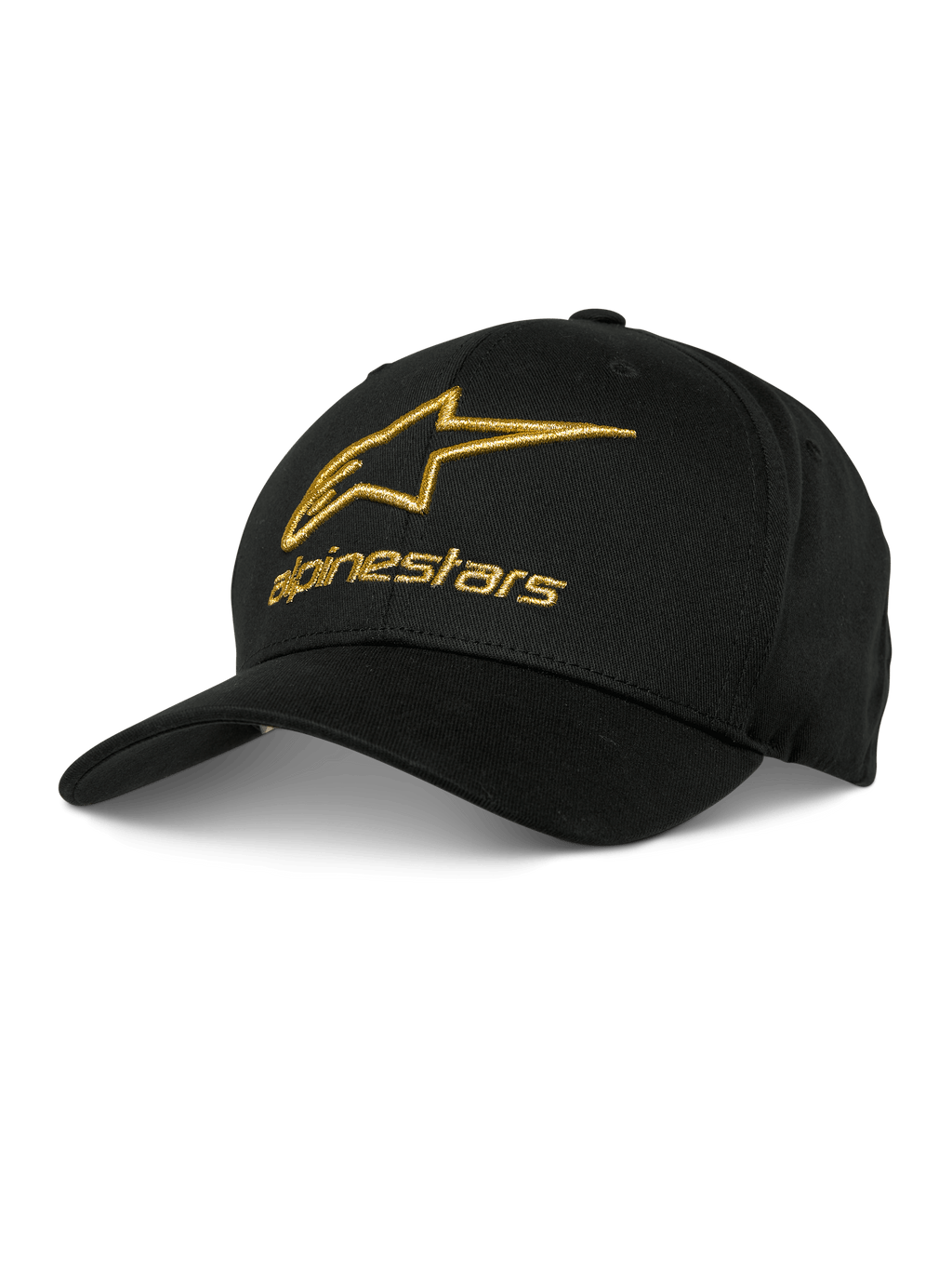 Alpinestars Gild Hat, boné de basebol preto com logótipo bordado 3D em dourado metálico, coroa estruturada e pala curva, vestuário casual de desportos motorizados