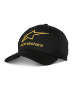 Alpinestars Gild Hat, boné de basebol preto com logótipo bordado 3D em dourado metálico, coroa estruturada e pala curva, vestuário casual de desportos motorizados