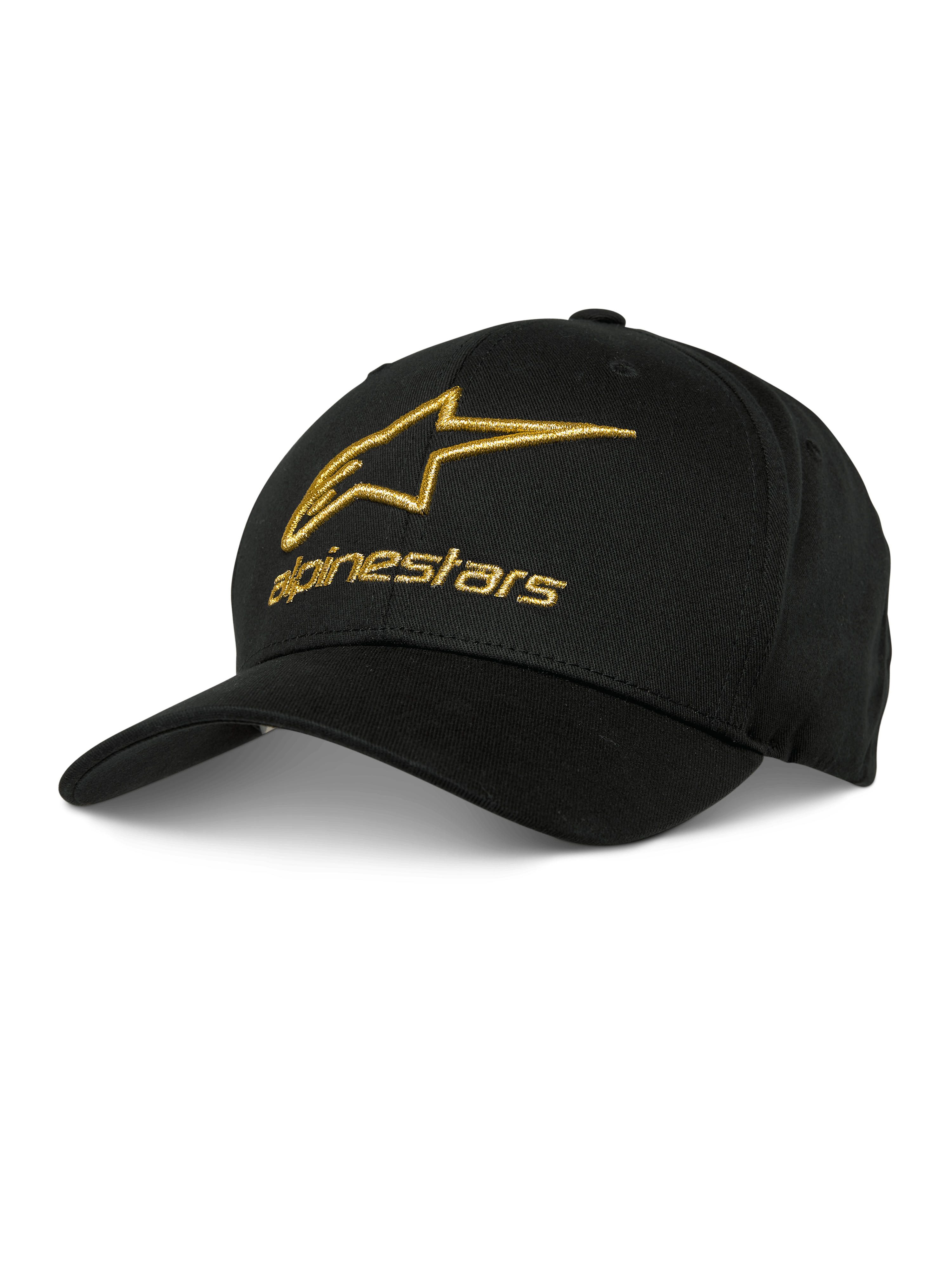 Alpinestars Gild Hat, boné de basebol preto com logótipo bordado 3D em dourado metálico, coroa estruturada e pala curva, vestuário casual de desportos motorizados