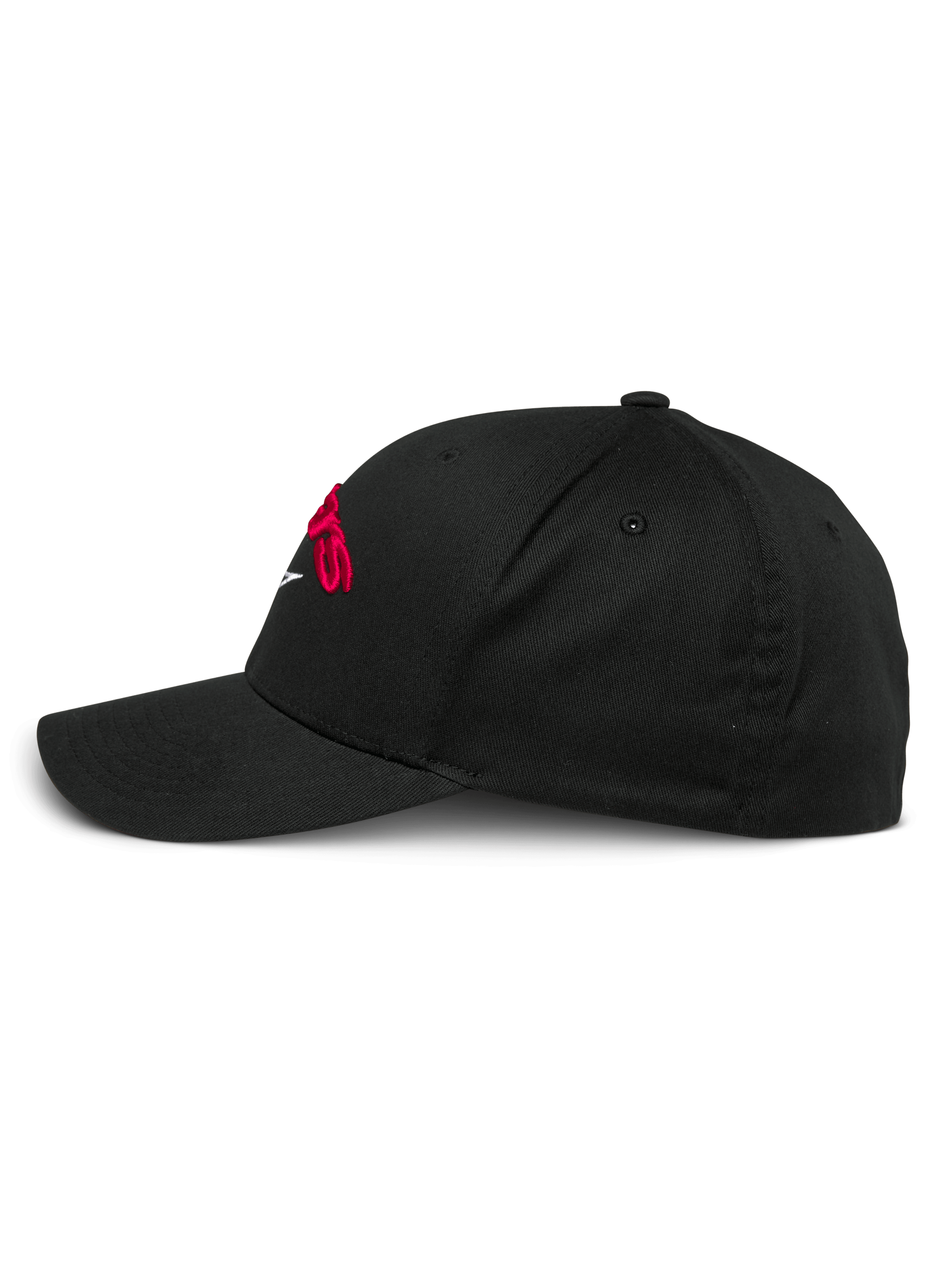 Alpinestars Arcstars Hat, Black Baseball Cap, Side Profile, Curved Bill and Structured Crown, Featuring Red 3D Embroidered Logo, Casual Sportswear