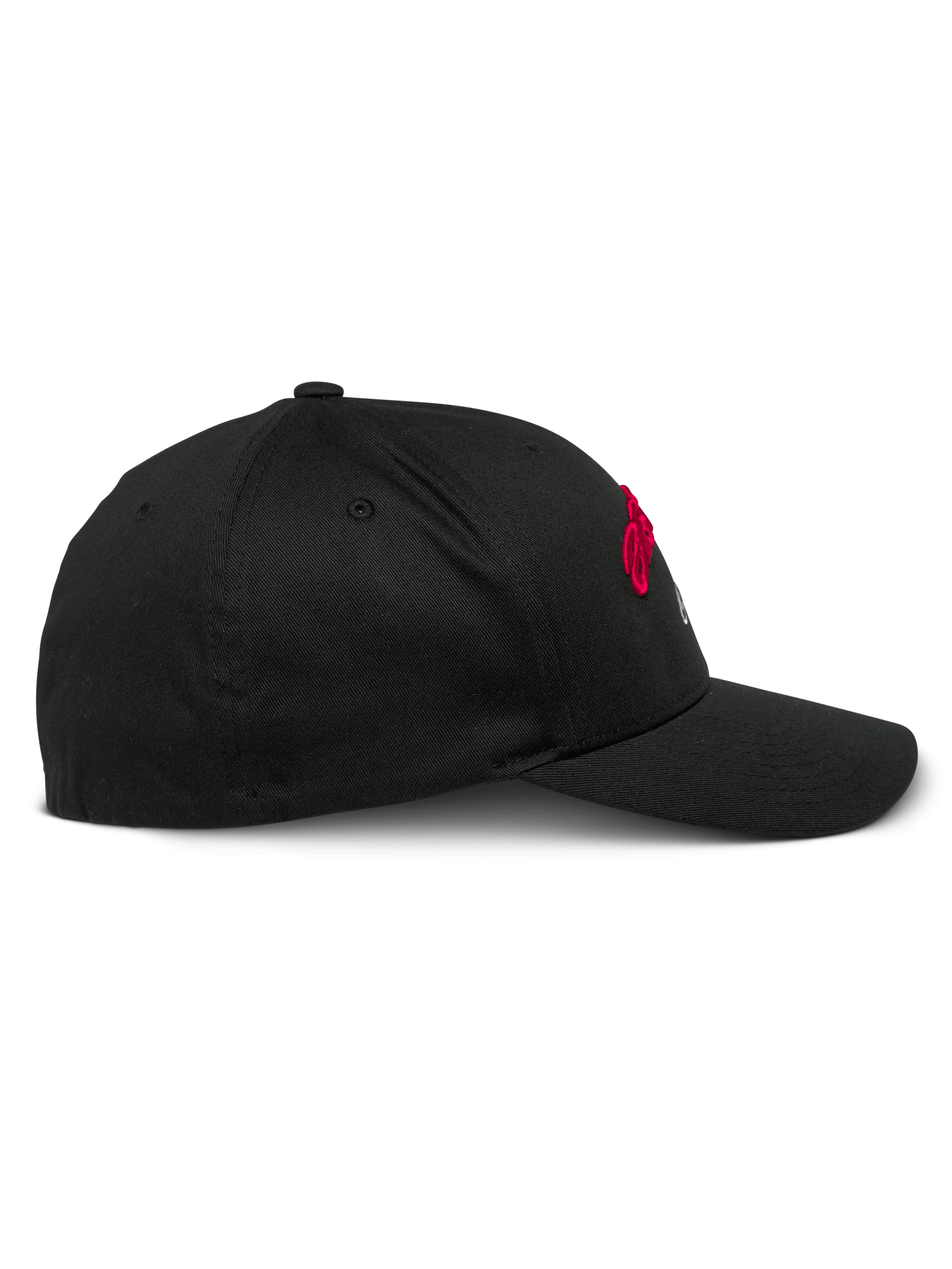 Alpinestars Arcstars Hat, Black Baseball Cap, side profile view, curved bill with structured crown, stretch twill fabric, red and white embroidery detailing, casual motorsport-inspired headwear