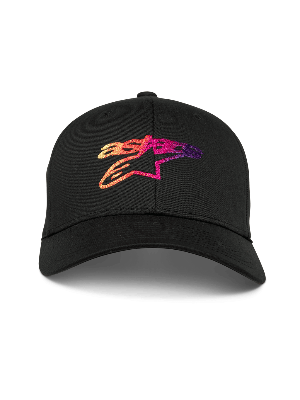 Alpinestars Setting Hat, black curved bill baseball cap, featuring a 3D gradation embroidered Astar logo with orange pink and purple tones, structured crown, casual motorsport sportswear