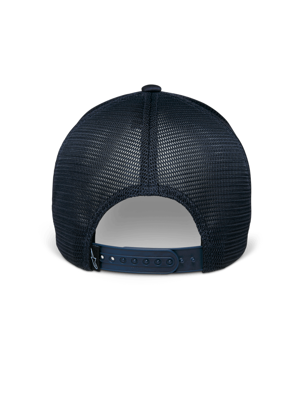 Alpinestars Delane Hat, Navy Blue, Back View, featuring breathable diamond mesh panels, adjustable snapback closure with small logo label, casual performance sportswear