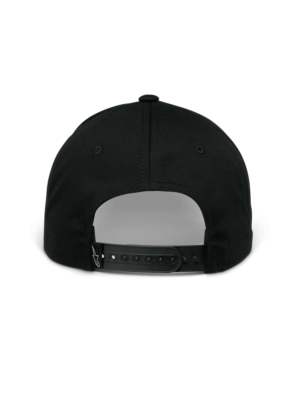 Alpinestars Profile Hat, Black, rear view showing adjustable snapback closure, structured crown, and small white embroidered logo on the back strap, casual sportswear.