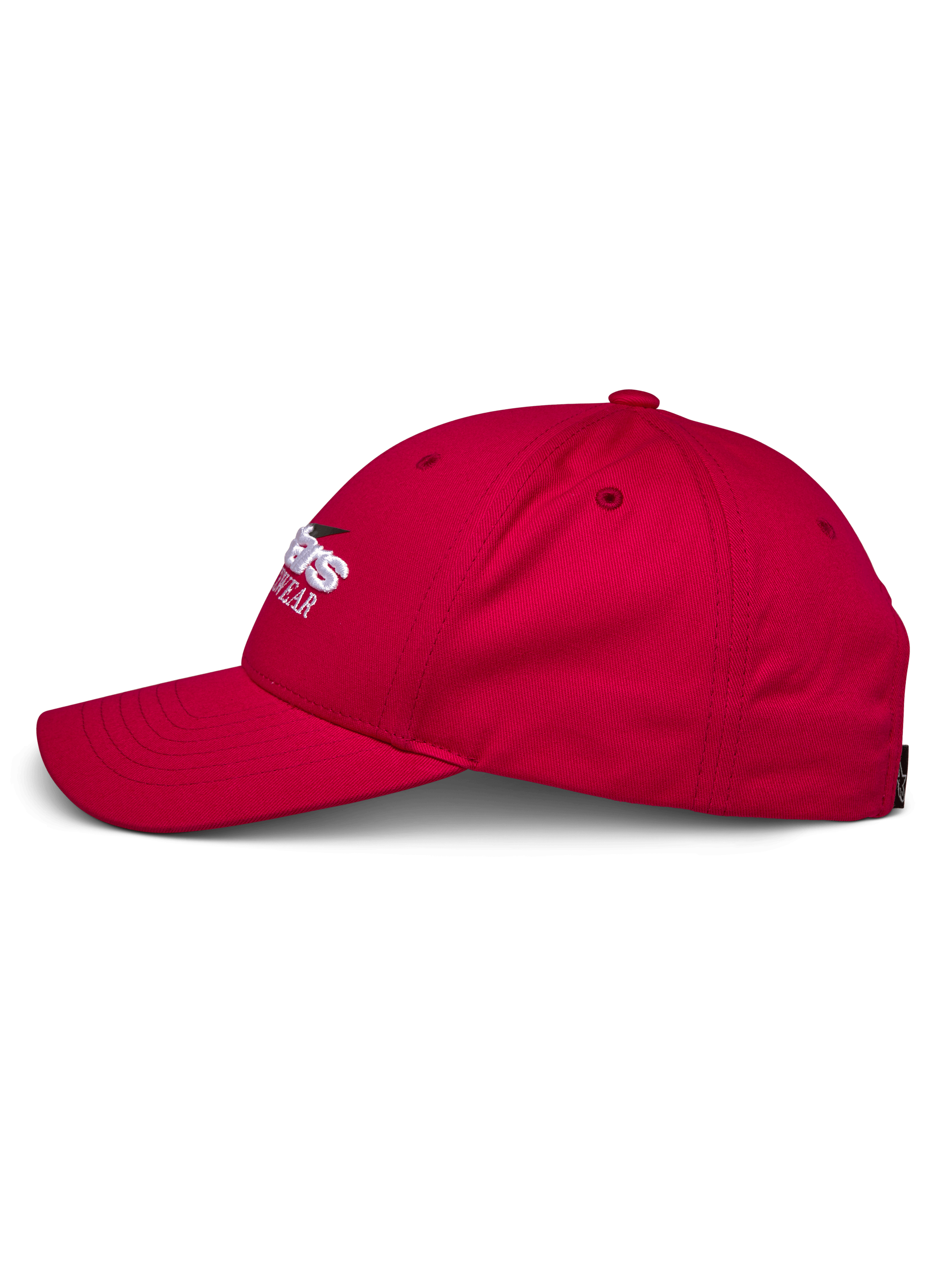 Alpinestars Profile Hat, Red side profile, structured crown with curved bill, 100% cotton twill, white and black embroidered logo, casual motorsport headwear