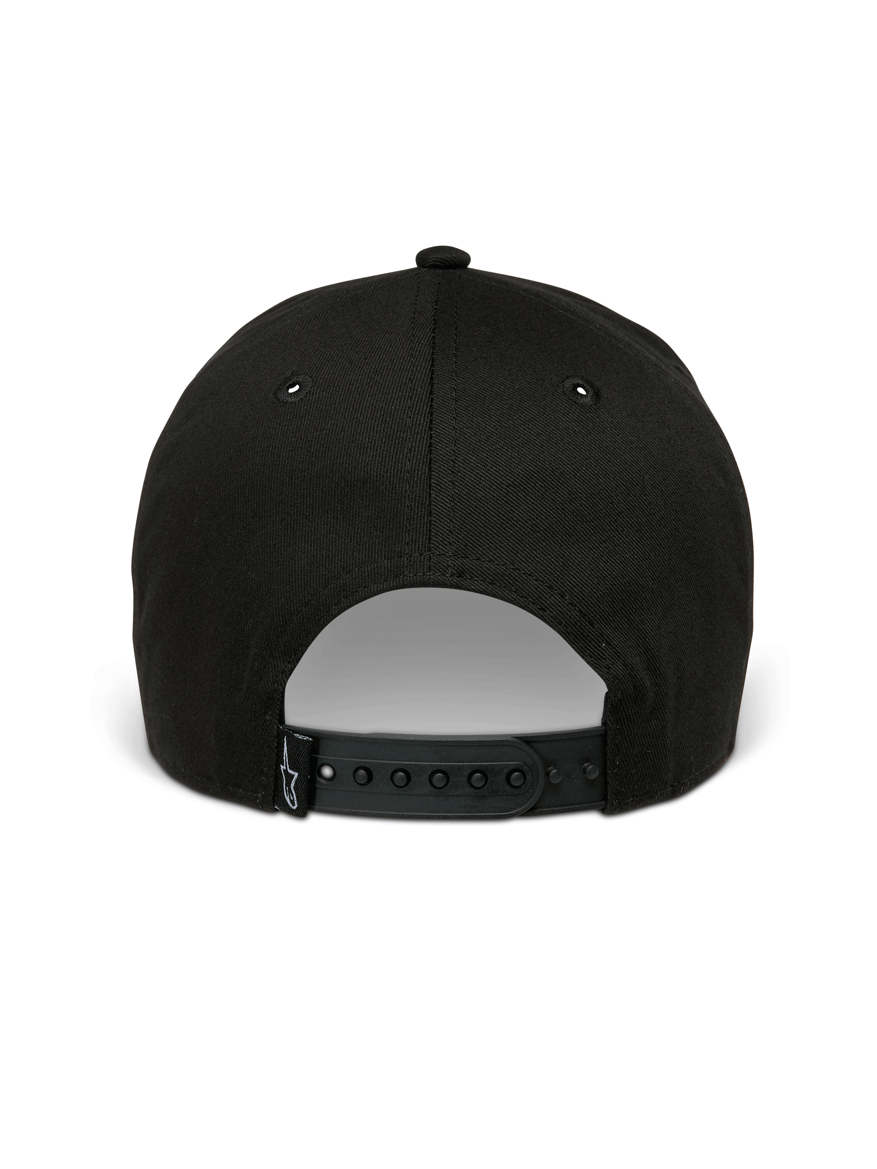 Alpinestars Metal Logo Hat, Snapback Hat, Black, Rear view showing adjustable snapback closure and small woven logo tag, casual motorsport-inspired streetwear.
