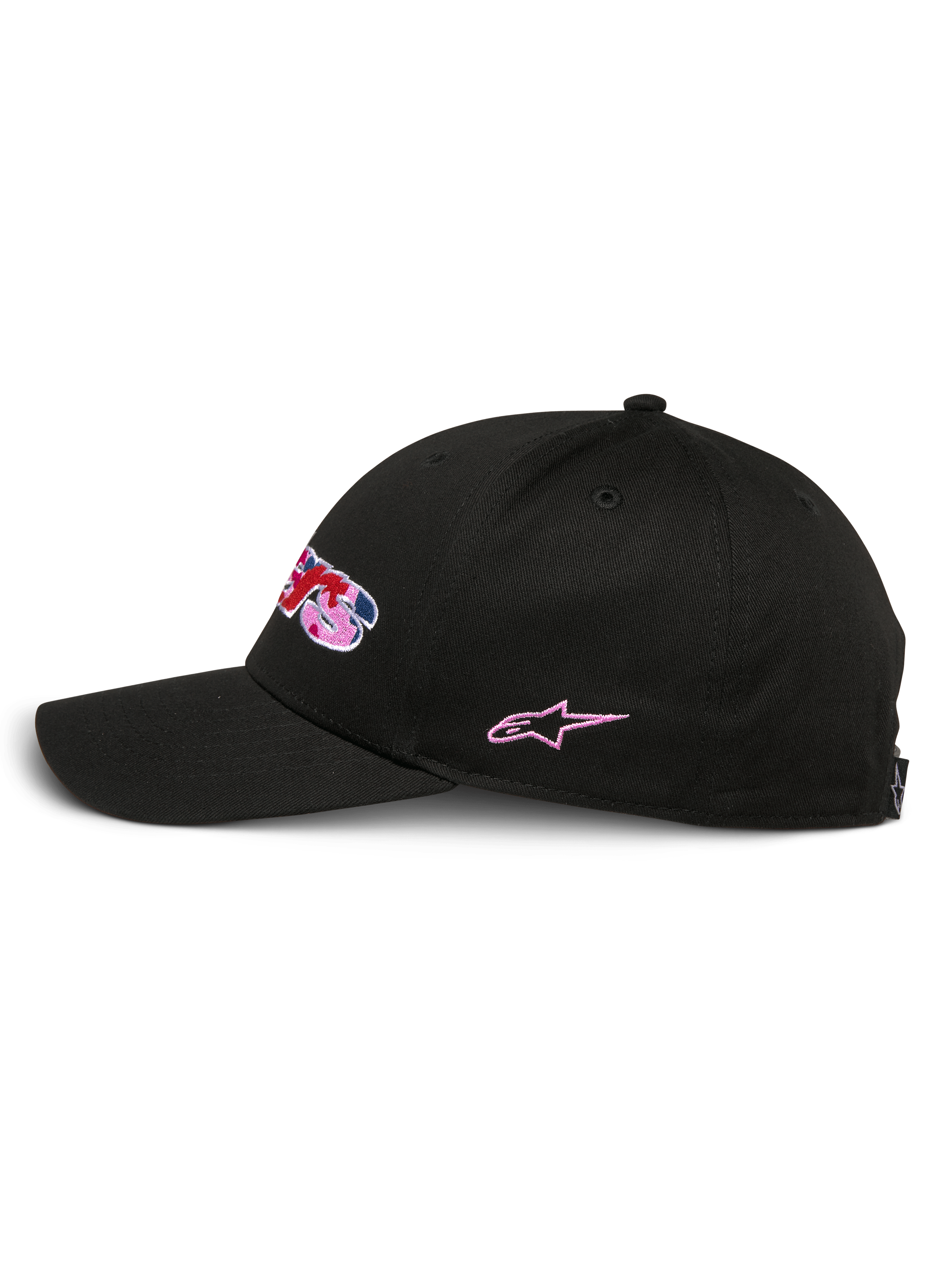 Alpinestars Canyon Hat, Black Snapback Hat, side profile view, structured crown with curved bill, embroidered front logo with camo fill and pink accents, side pink star embroidery, casual motorsport style