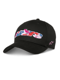 Alpinestars Canyon Hat, Black Snapback Baseball Cap, Curved Bill and Structured Crown, Front Astars logo with pink blue and red camo-fill embroidery, side pink star logo, casual cotton twill streetwear