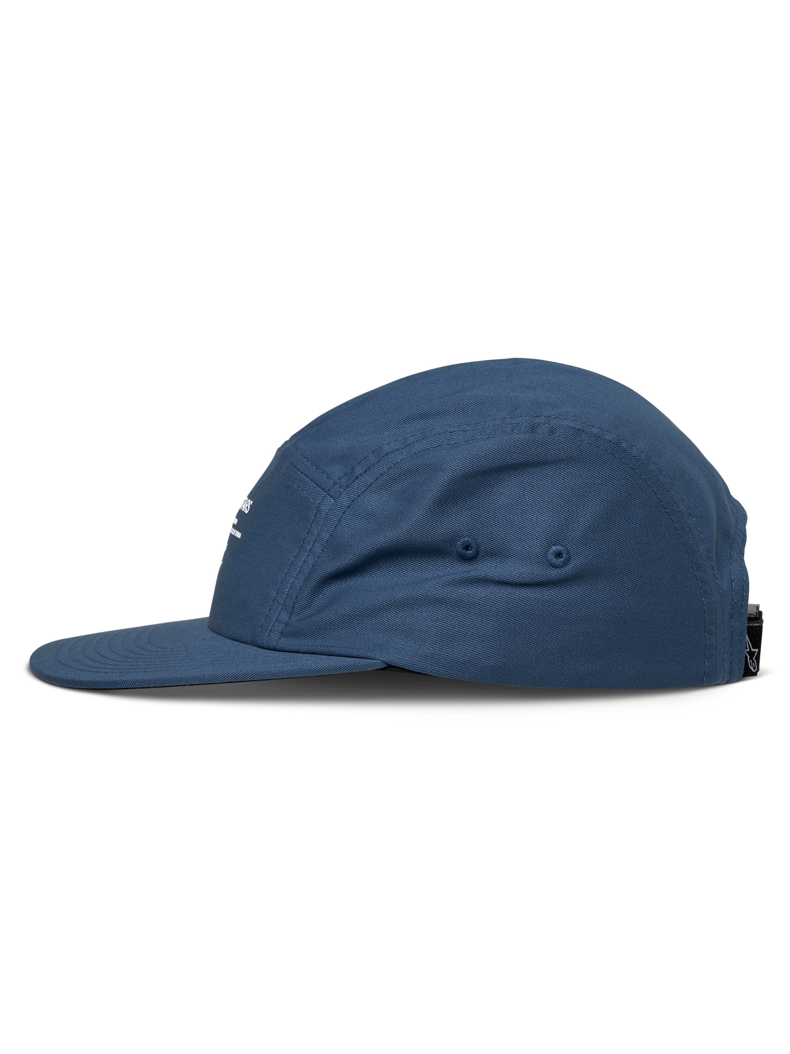 Alpinestars Peasy Hat, 5-panel jockey hat, Blue, side profile view, flat bill, unstructured crown, twill fabric, casual motorsport-inspired headwear
