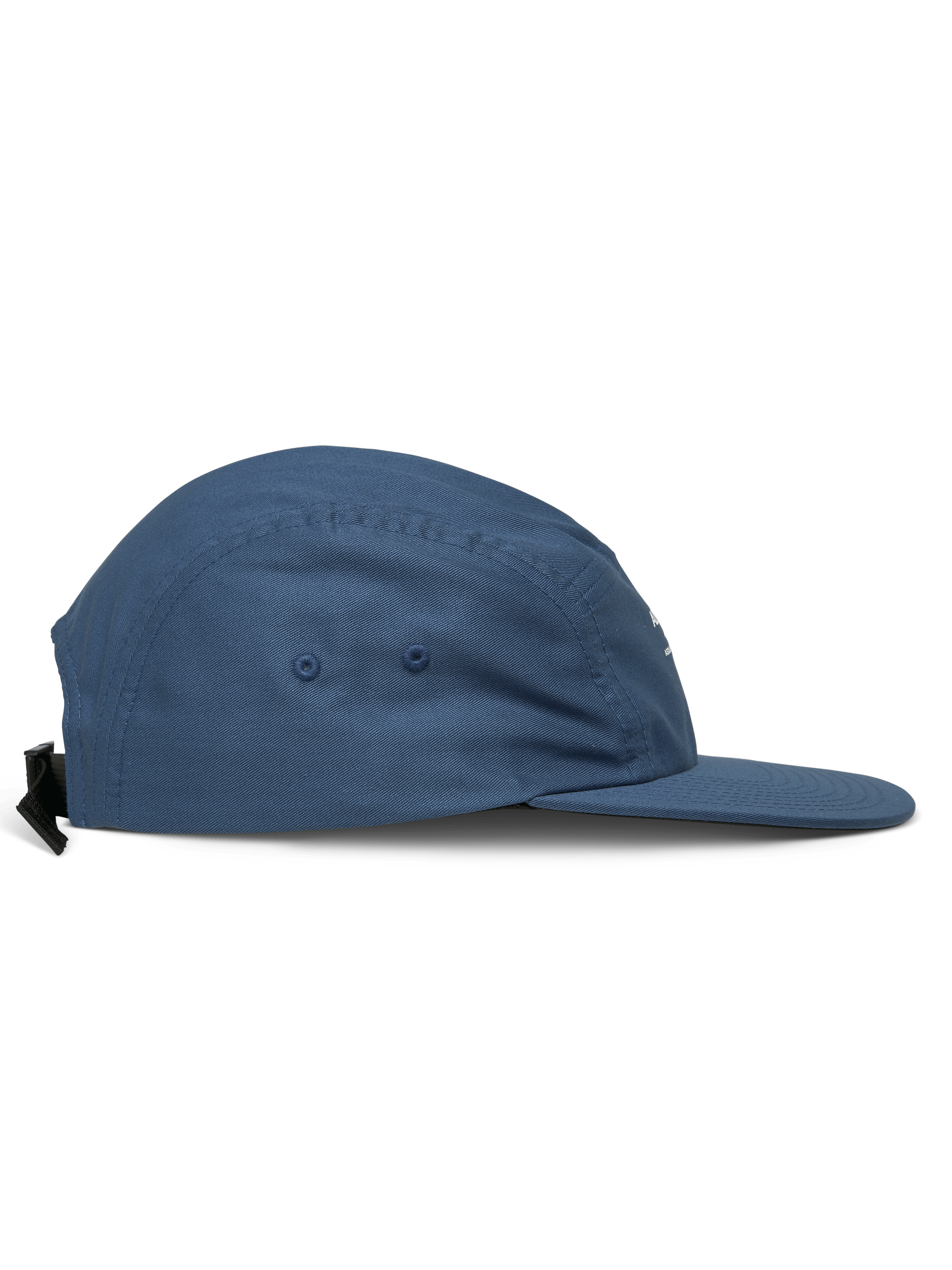 Alpinestars Peasy Hat, 5-panel jockey hat, Blue, side view showing flat bill and unstructured crown, twill fabric with ventilation eyelets, clip buckle strapback, casual sportswear