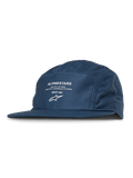 Alpinestars Peasy Hat, 5-panel Jockey Hat, Blue, White Graphic Print with Logo and Text, Flat Bill, Unstructured Crown, Casual Motorsport Streetwear
