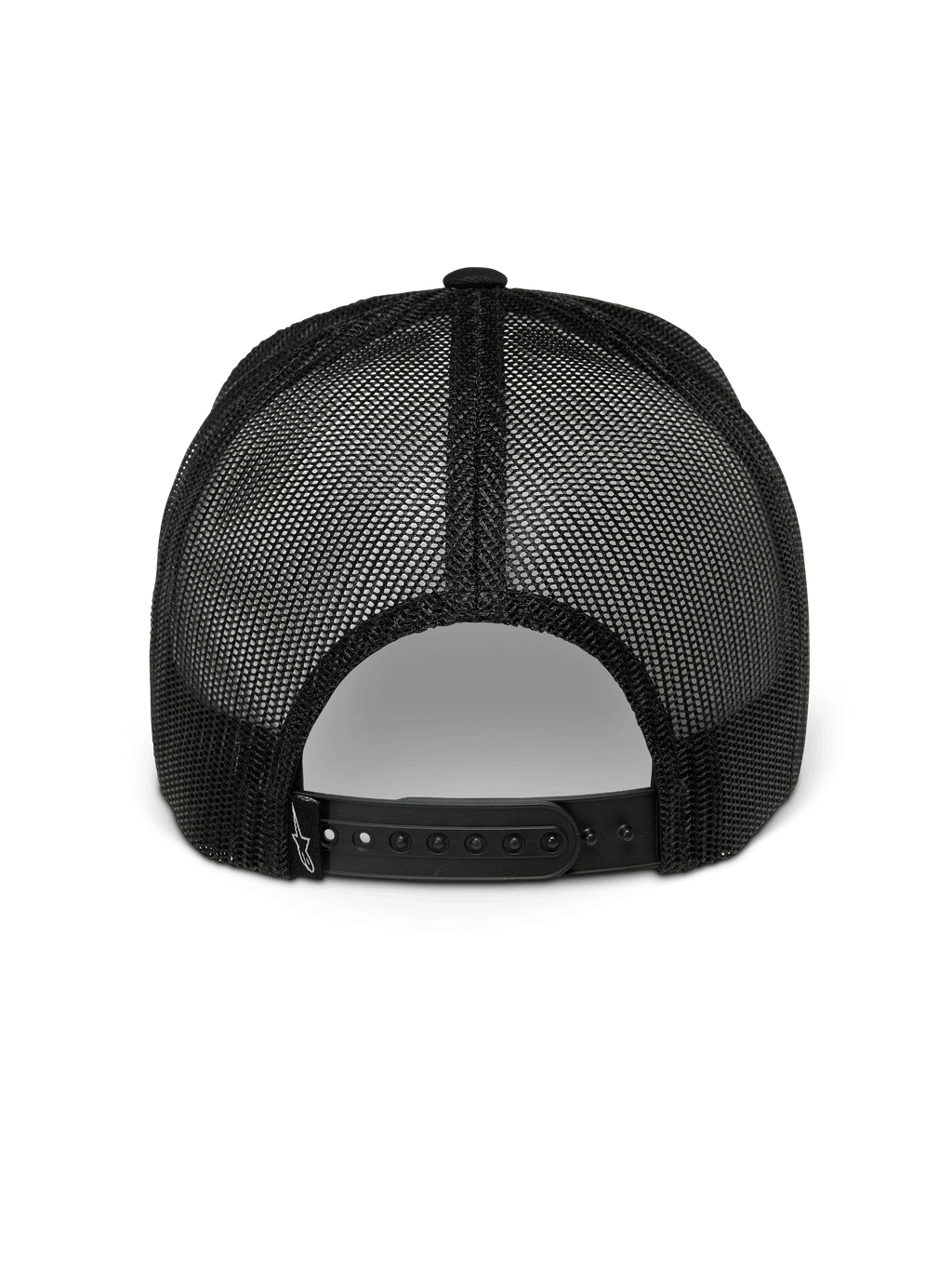 Boné Trucker Alpinestars Gambit, boné snapback, preto, vista traseira a mostrar os painéis de malha de poliéster respirável e o fecho snapback ajustável, vestuário desportivo casual de desporto motorizado