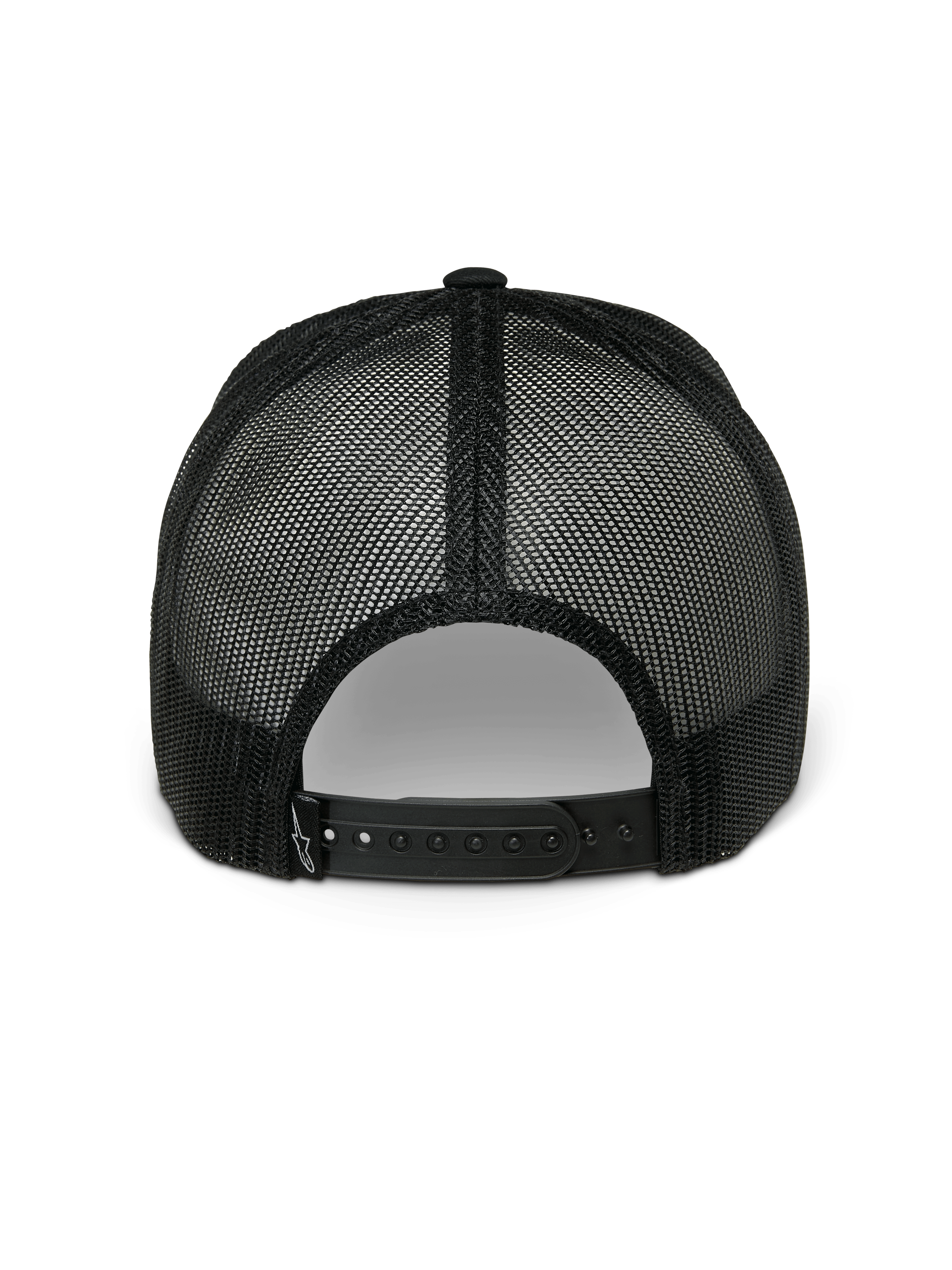 Boné Trucker Alpinestars Gambit, boné snapback, preto, vista traseira a mostrar os painéis de malha de poliéster respirável e o fecho snapback ajustável, vestuário desportivo casual de desporto motorizado