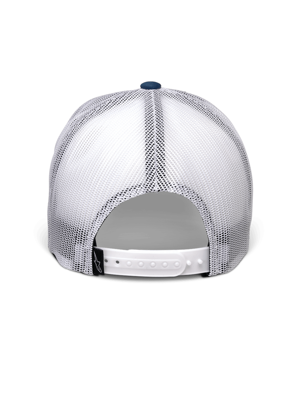 Boné Trucker Gambit Alpinestars, azul e branco, vista traseira apresentando painéis de malha branca respirável, fecho snap-back branco com uma pequena etiqueta preta com o logótipo Alpinestars, acessório de cabeça casual inspirado no desporto motorizado