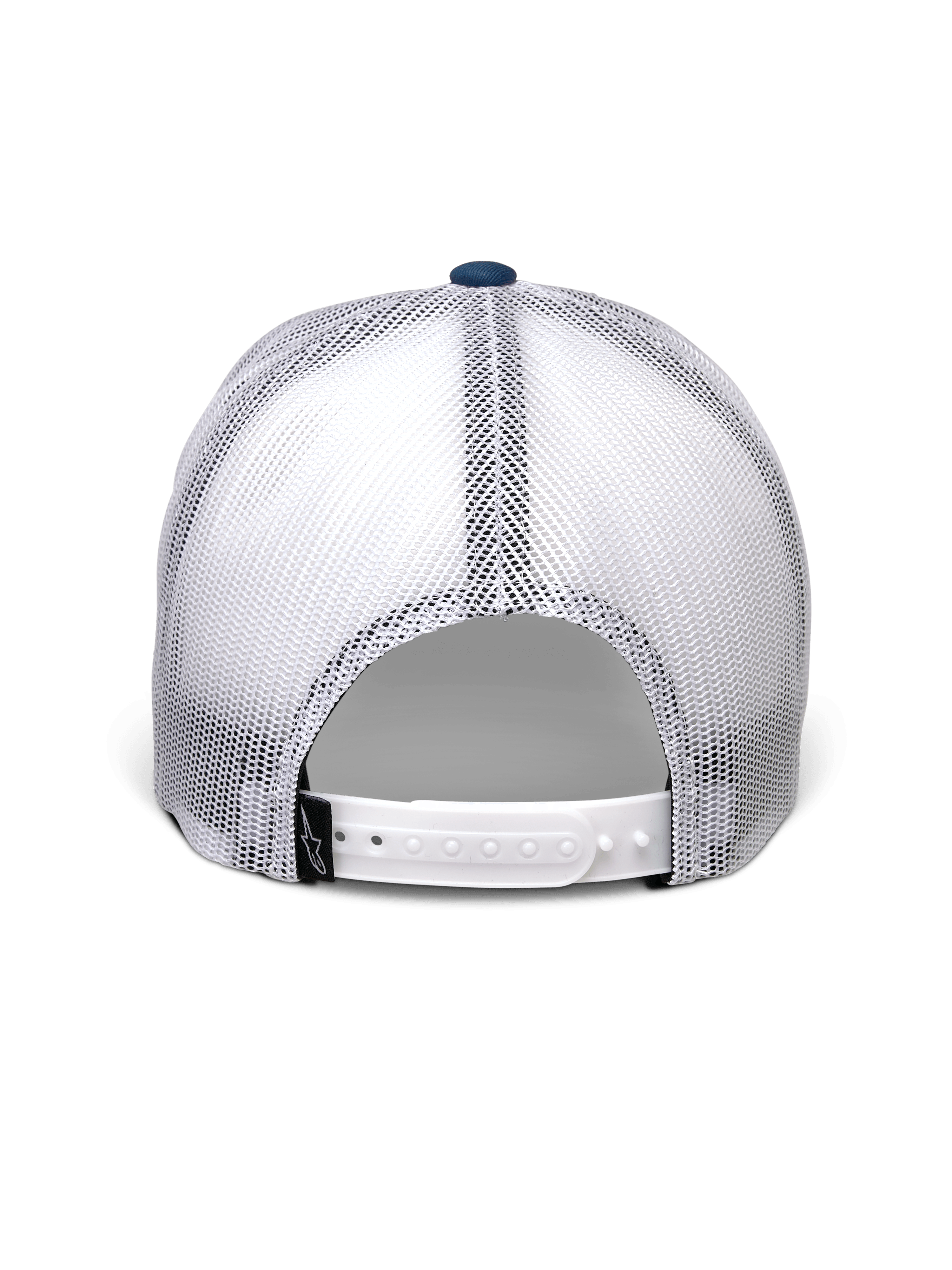 Boné Trucker Gambit Alpinestars, azul e branco, vista traseira apresentando painéis de malha branca respirável, fecho snap-back branco com uma pequena etiqueta preta com o logótipo Alpinestars, acessório de cabeça casual inspirado no desporto motorizado