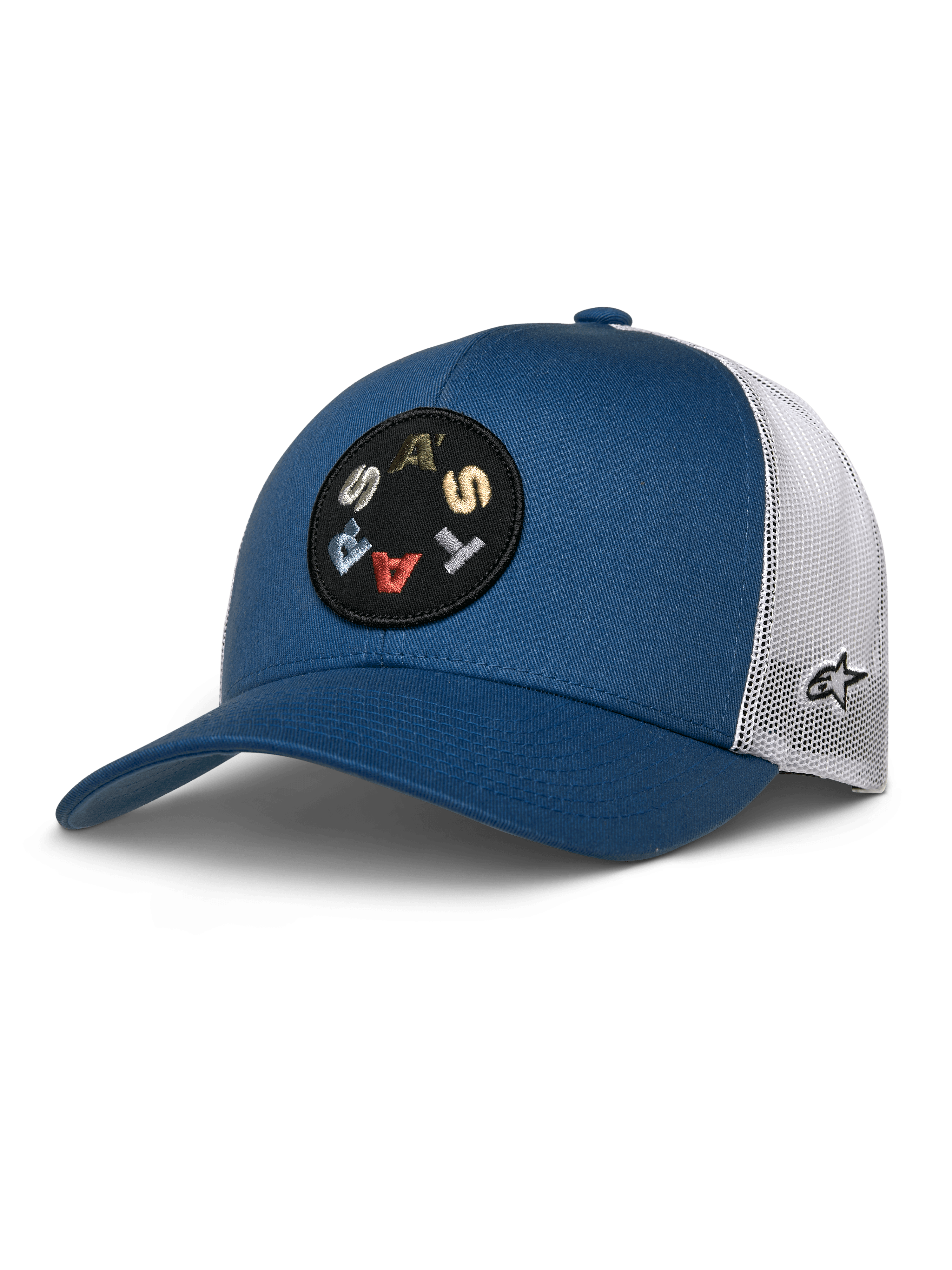 Alpinestars Gambit Trucker Hat, Blue with White Mesh Back, Circular Black Patch with Colorful 'ASTARS' Lettering, Curved Brim, Structured Crown, Casual Motorsport Headwear